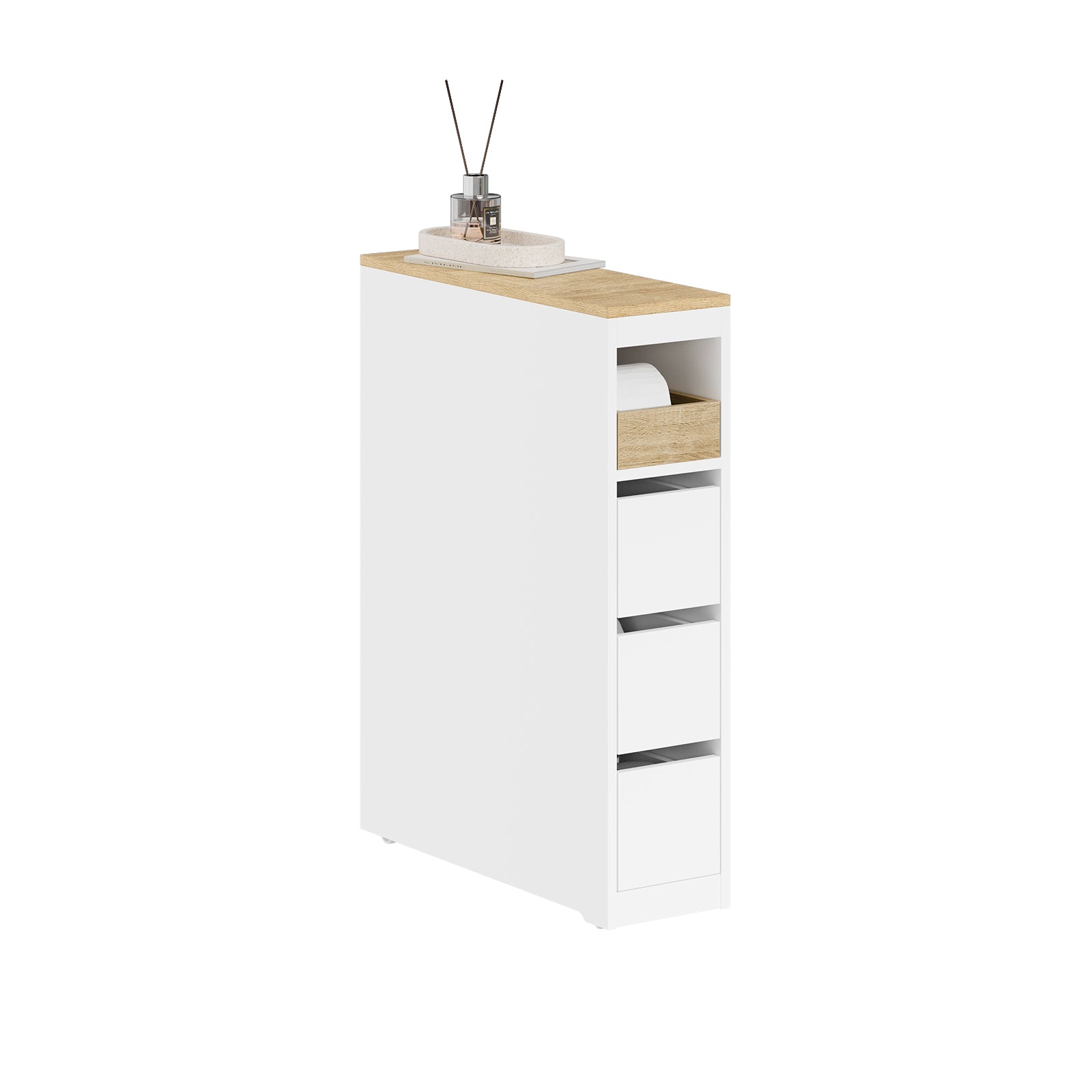 Kitsas WC-kapp ratastel - ruumisäästlik vannitoa hoiukapp 3 sahtliga, valge/puukuvio, 60 x 20 x 82,3 cm