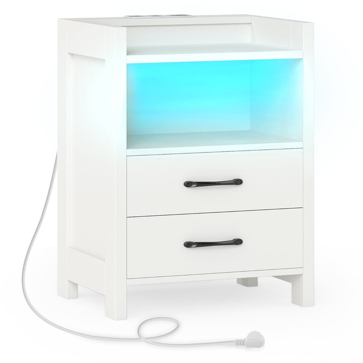 Integreeritud LED-valgustusega, laadimisjaama, 2 sujuva sahtli ja avatud lahtriga modernne öökapp ning abilaud (45x35x60 cm), valge