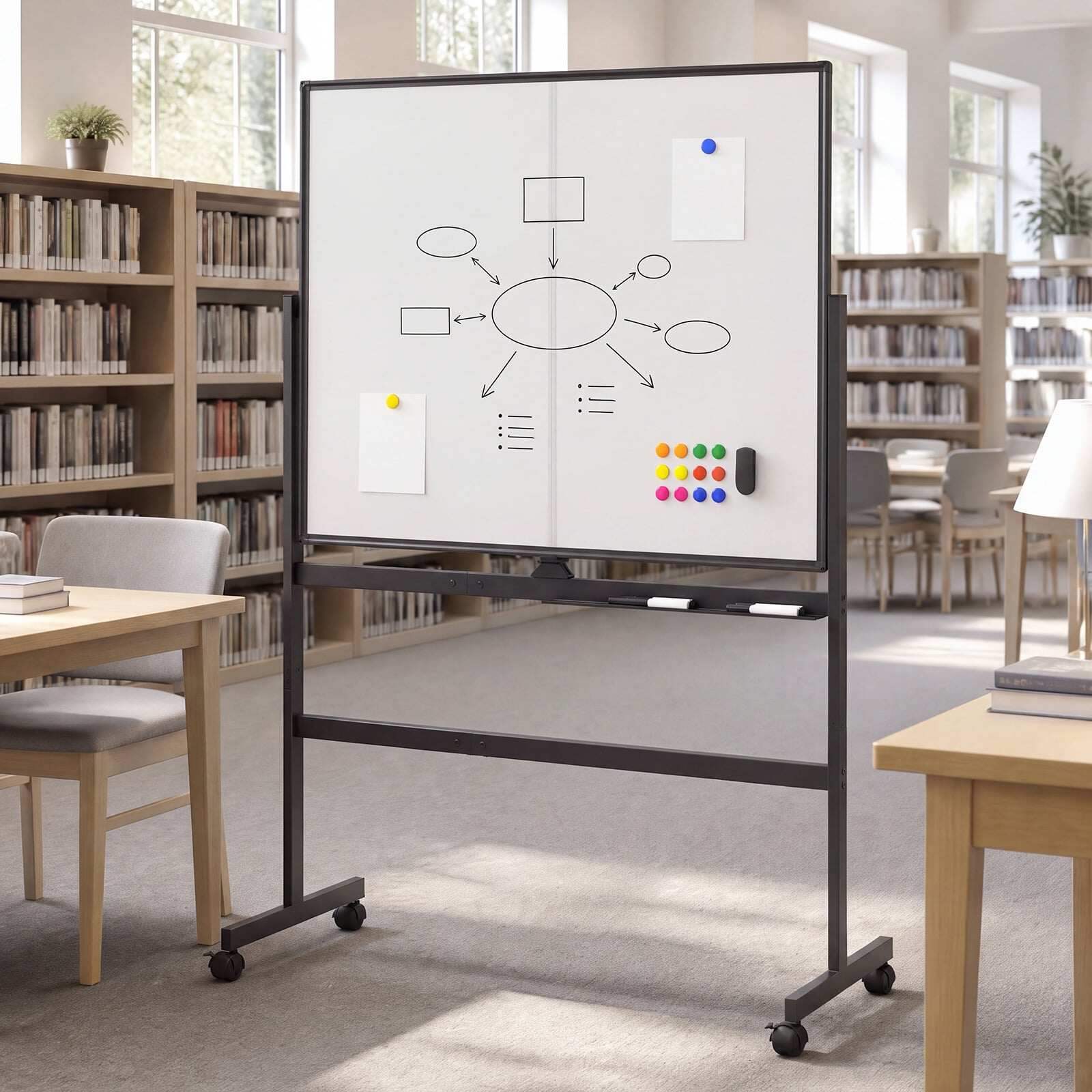 120 x 90 cm mobiilne valge tahvel lukustatavate universaalrataste ja kahepoolse magnetilise pinnaga – must