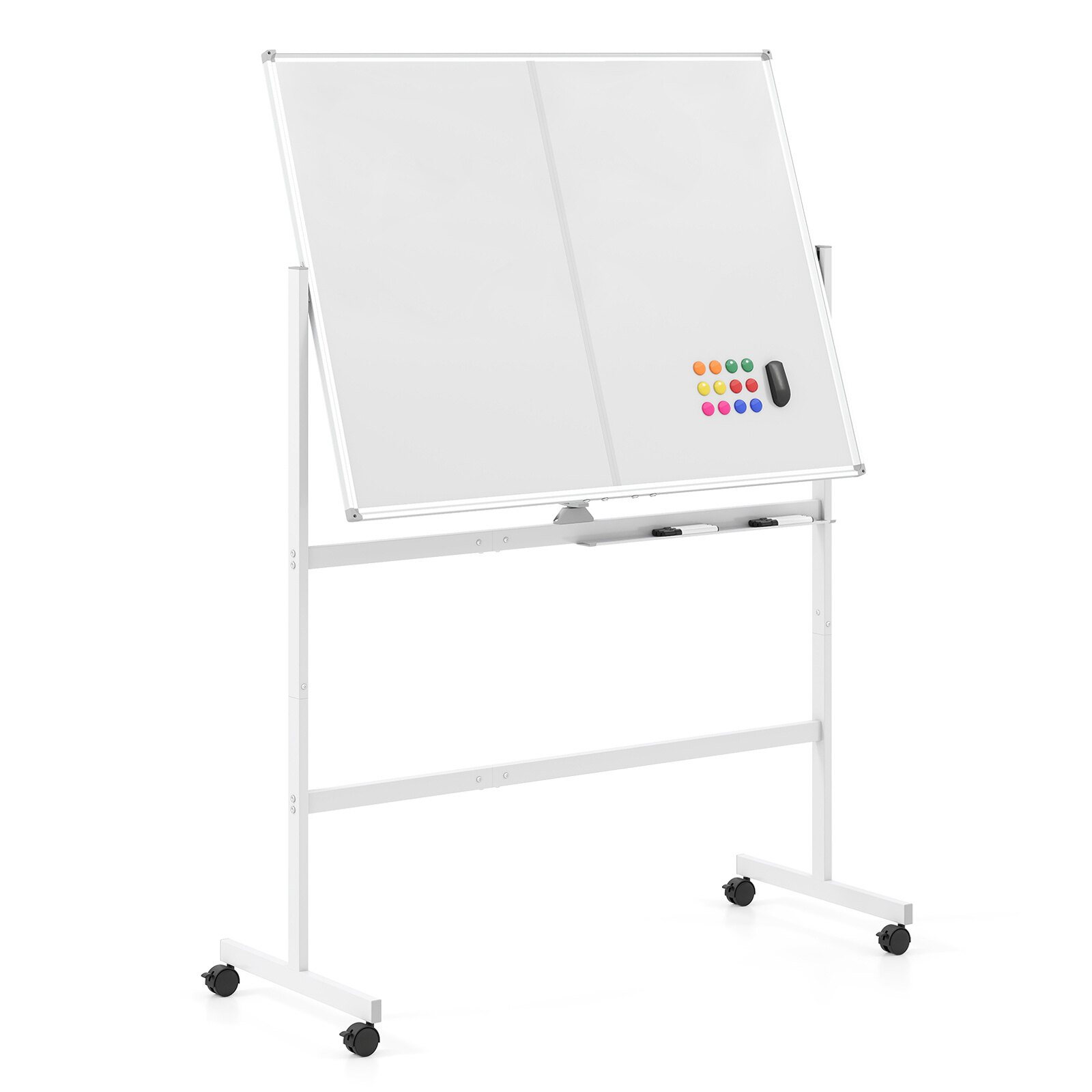 120 x 90 cm mobiilne valge tahvel lukustatavate universaalrataste ja kahepoolse magnetilise pinnaga - valge