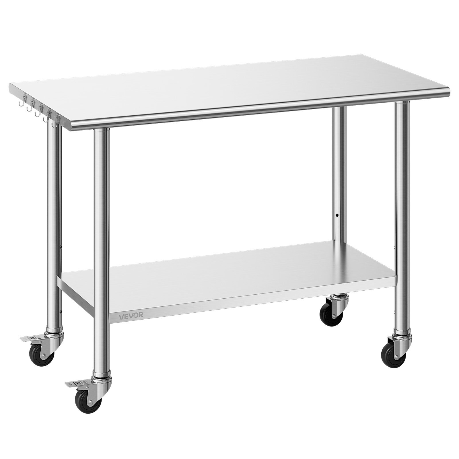 Roostevabast terasest töölaud, 61x122 cm toiduainete ettevalmistamise laud ratastega, äriköögi töökoht reguleeritava alusriiuliga, metallist töölaud, restorani õuealale