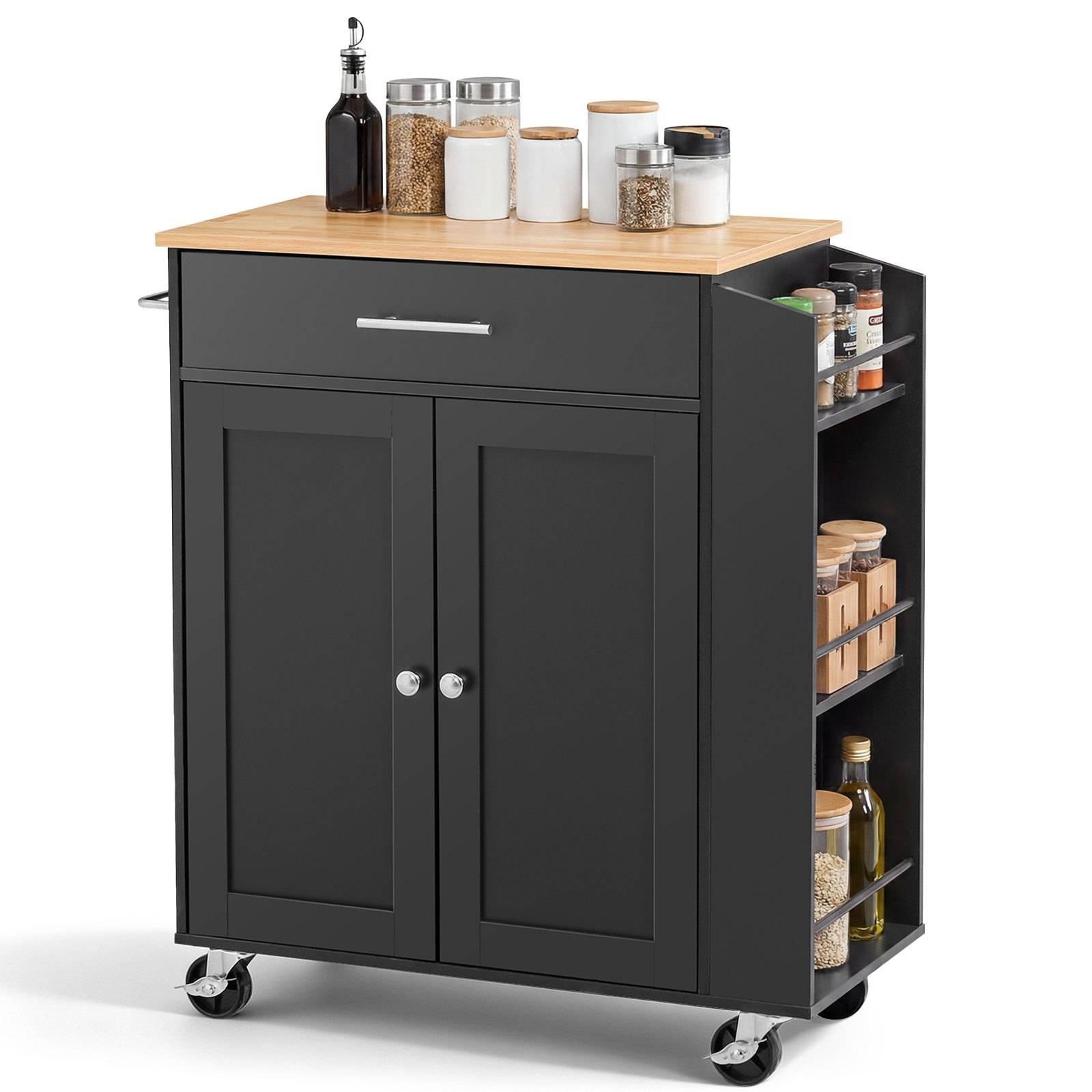 Kitchen Island Cart with Storage, 795 mm Wide Mobile Rolling Storage Island on Swivel Wheels, with Drawer, Storage Cabinet, Spice/Towel Rack, Table for Home Dining Room, Black