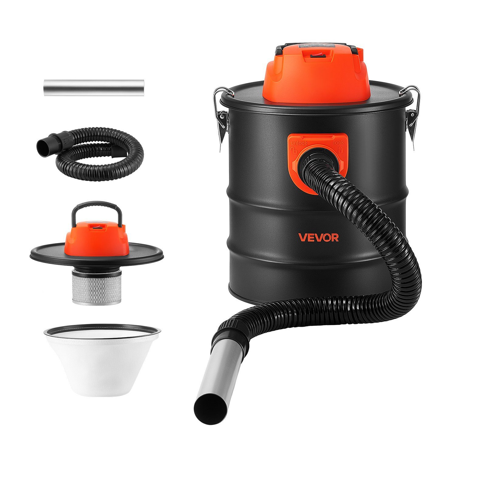 Teraskorpusega tuhaimur, 15 l, 1200 W, 2-astmeline filtreerimine ja 0,8 m voolik, kaminatele, pellet- ja puuahjudele, lõkkeasemetele ja grillidele, must ja oranž
