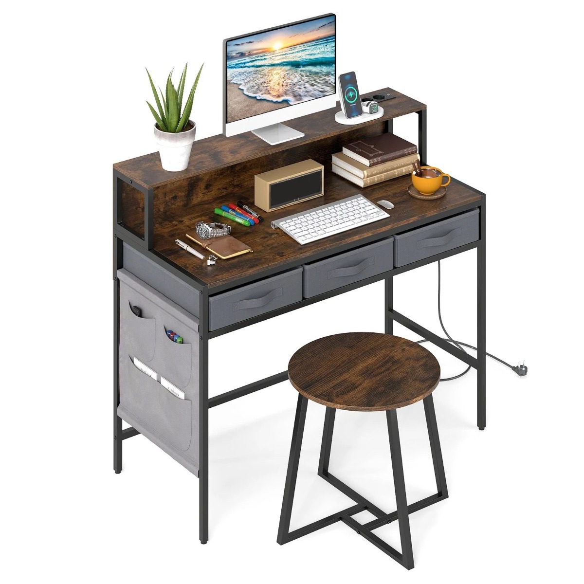 Arvutilaud pistikupesadega, tualettlaud ja taburetikomplekt monitorialusega, vintage pruun