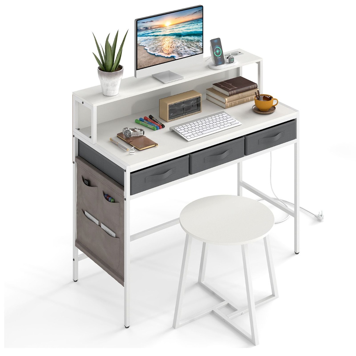 Arvutilaud pistikupesadega, tualettlaud ja taburetikomplekt monitorialusega, valge