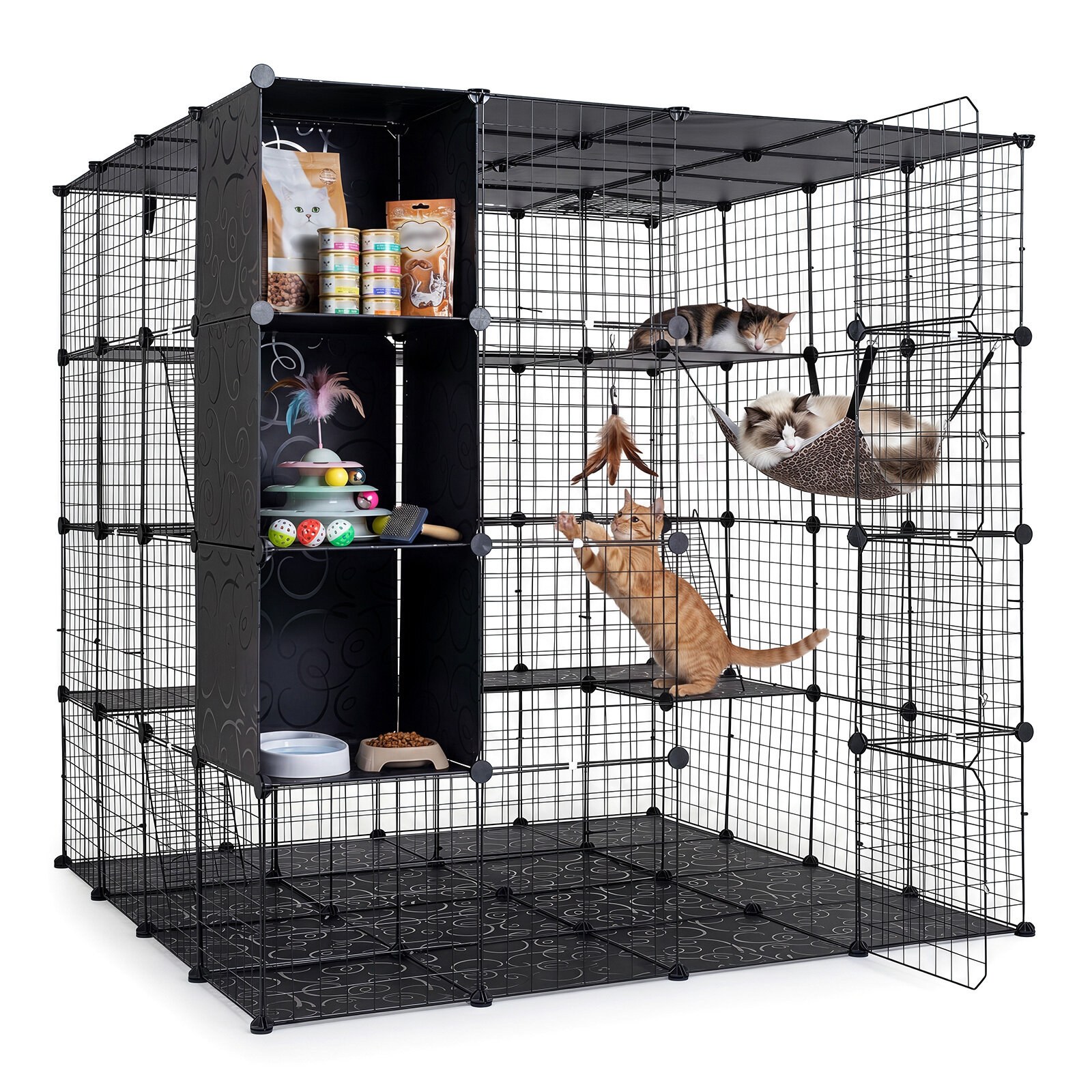Modulaarne kassipuur, kokkupandav kassipuur mänguaedikuga, 144 x 144 x 142 cm, must