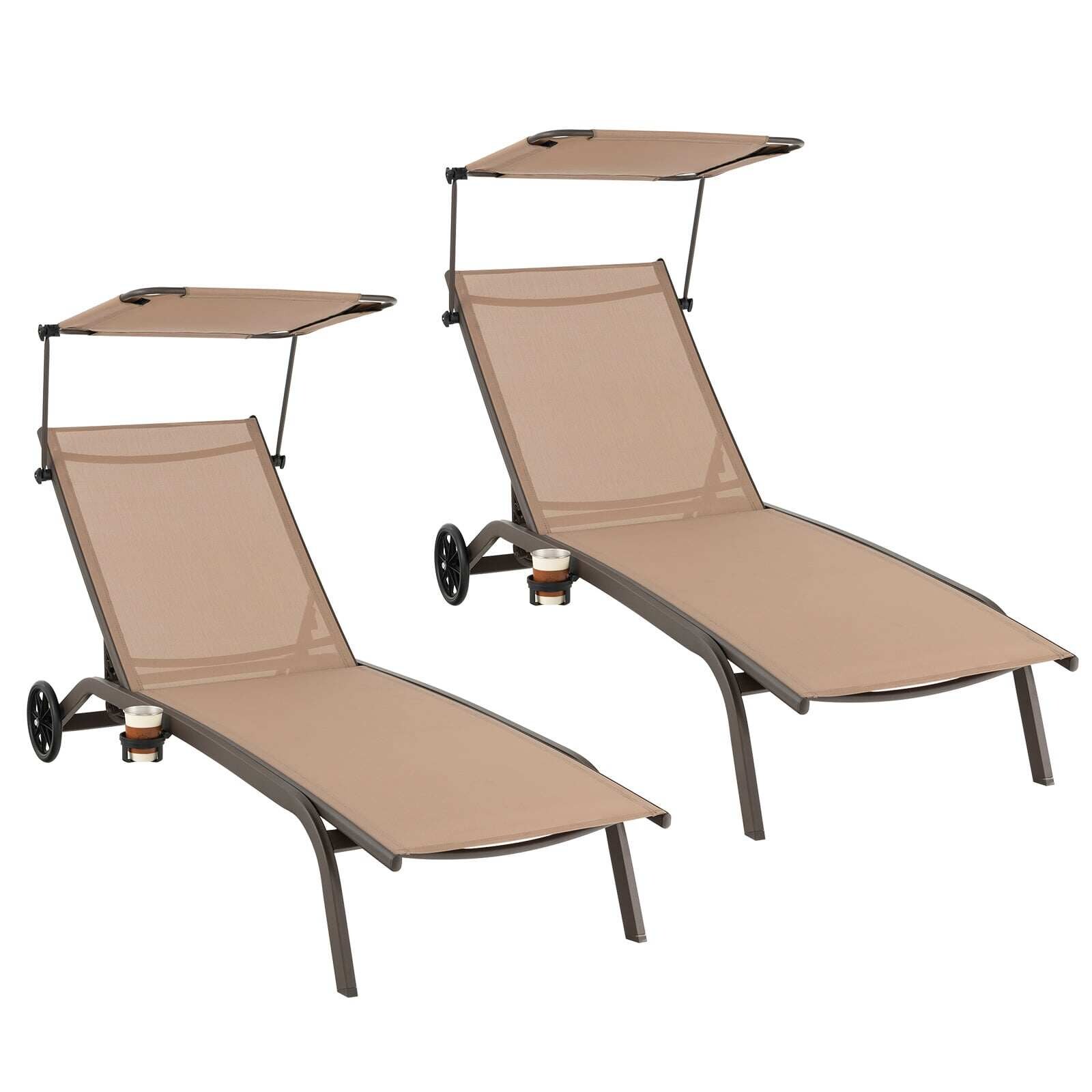 Komplekt 2 metallist terrassitooli, ratastega lamamistooli ja rannatooli, pruun