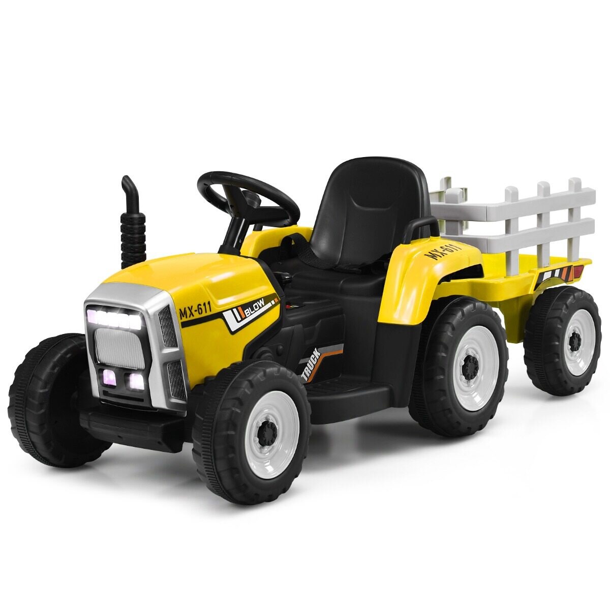 12V laste traktor haagisega akutoitel elektriline mänguauto kollane