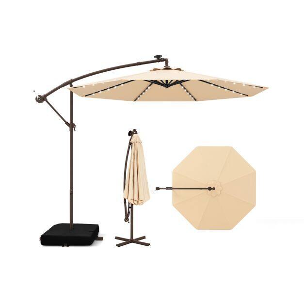 300 cm rippuv nihkega vihmavari 40 LED-tulega, päikesepaneelide ja patareidega - beež
