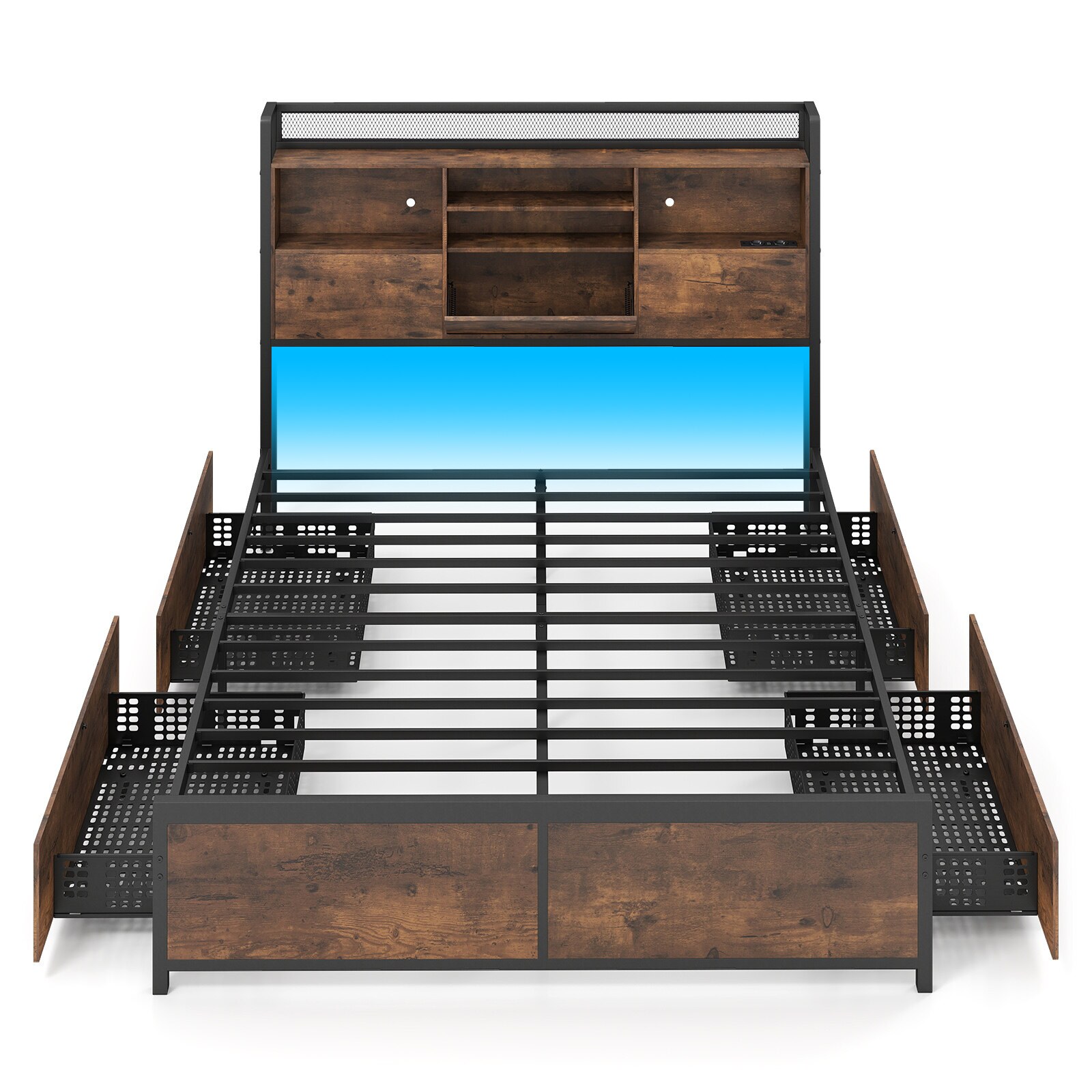 Voodiraam LED-valgusti ja laadimisjaamaga, peatsiga, panipaigaga ja 4 sahtliga, metallplatvorm ilma vedrualuseta 220 x 143 x 113 cm