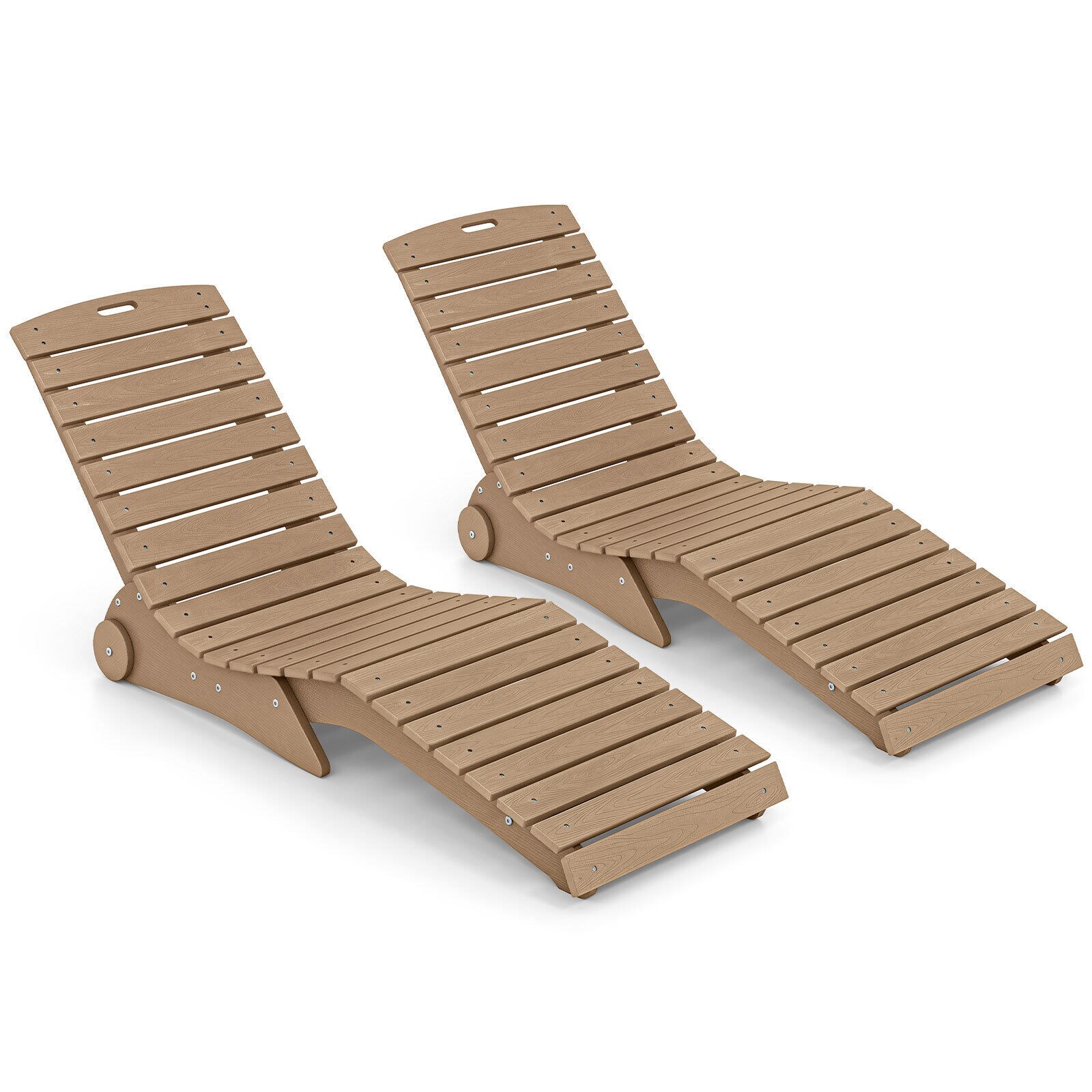 2 HDPE-st päevitustooli komplekt, ergonoomilised S-kujulised aiatoolid, ilmastikukindlad rannatoolid ratastega, pruun