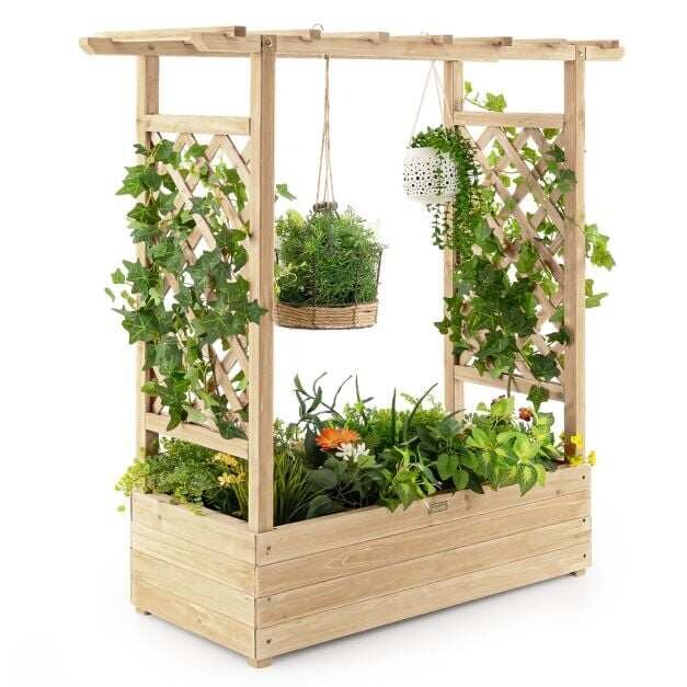 Lillekast külgvõre ja rippkatusega, eelõlitatud kuusepuidust, 110 x 44 x 113,5 cm, lillekast drenaažiavaga, naturaalne