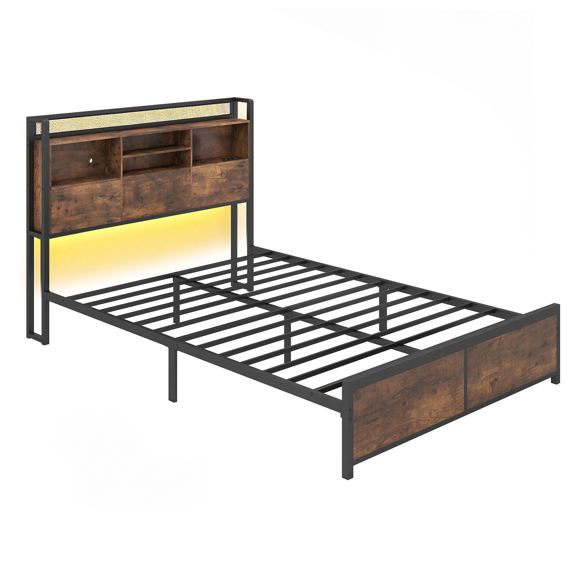 Kaheinimesevoodi raam LED-tulede ja laadimisjaamaga, metallist platvormvoodi panipaigaga peatsiga, maalähedane pruun 220 x 143 x 113 cm