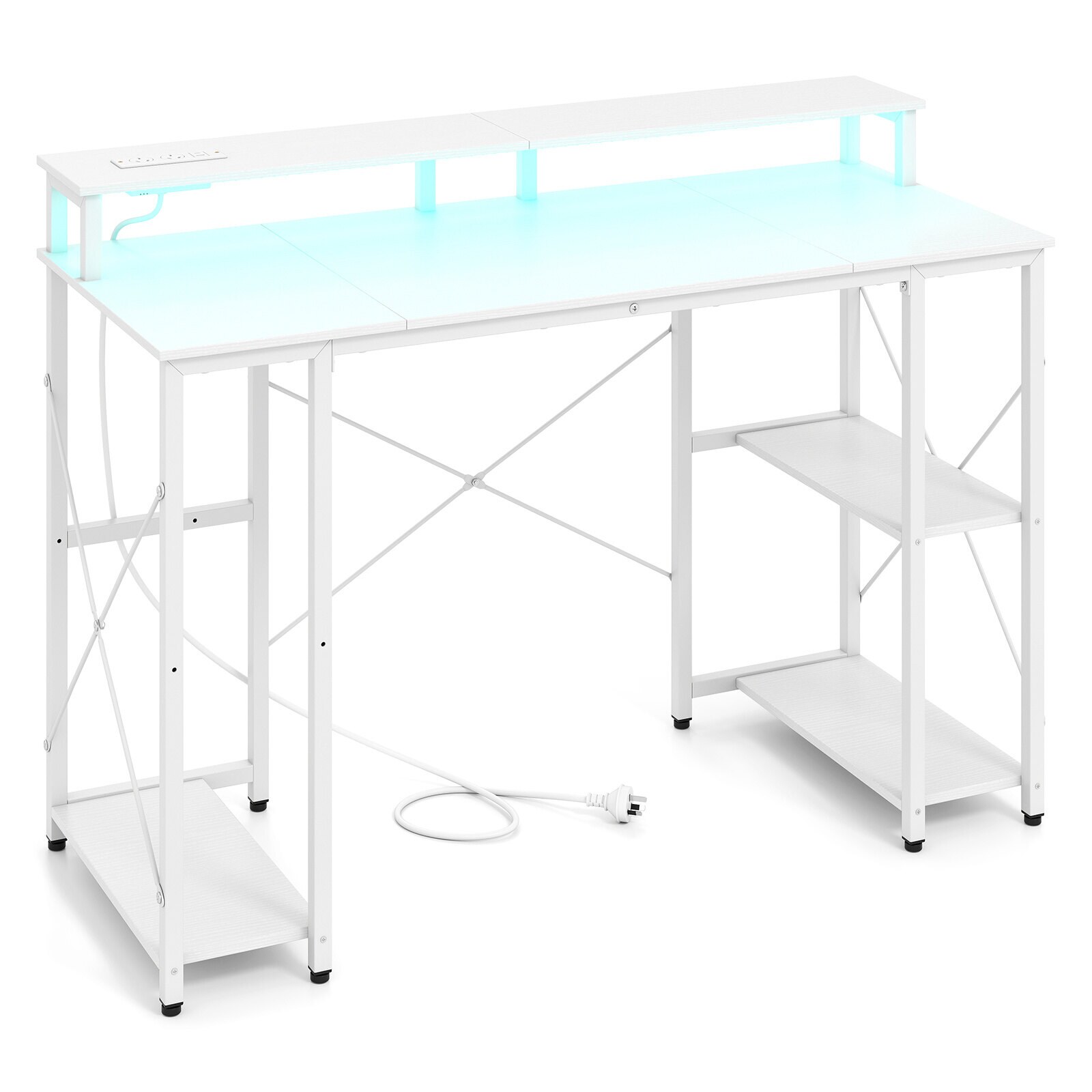 Arvutilaud LED-valgustuse, pistikupesade ja monitorialusega, 120 x 50 x 87 cm, valge