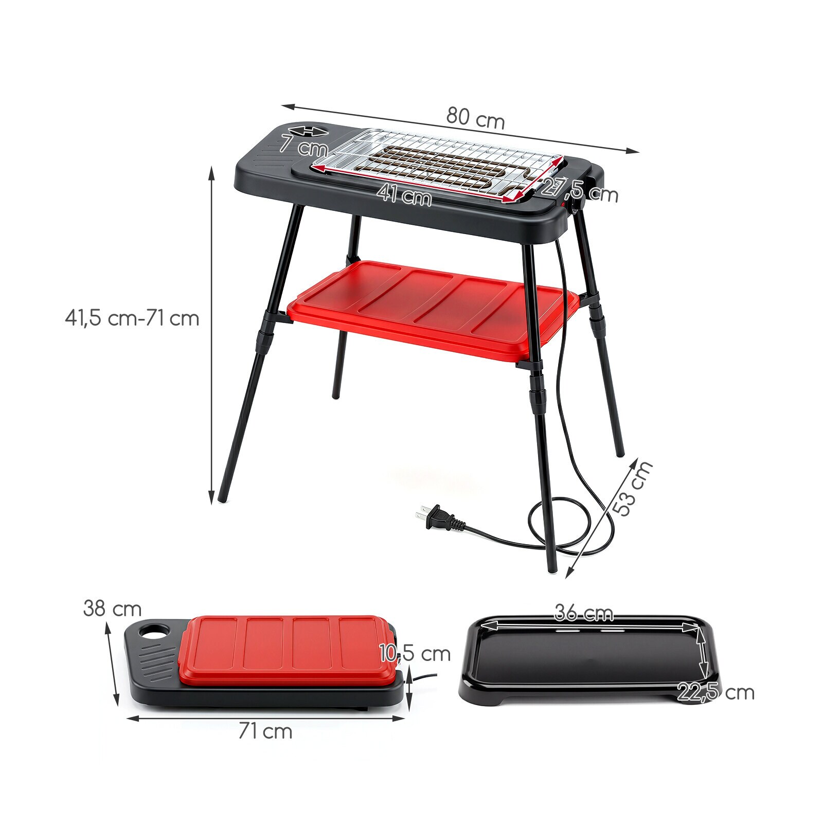 2-ühes elektrigrill, 2000 W, kaasaskantav, reguleeritava kõrgusega, küpsetusplaat ja grill, sisseehitatud termostaat, eemaldatavad jalad, must