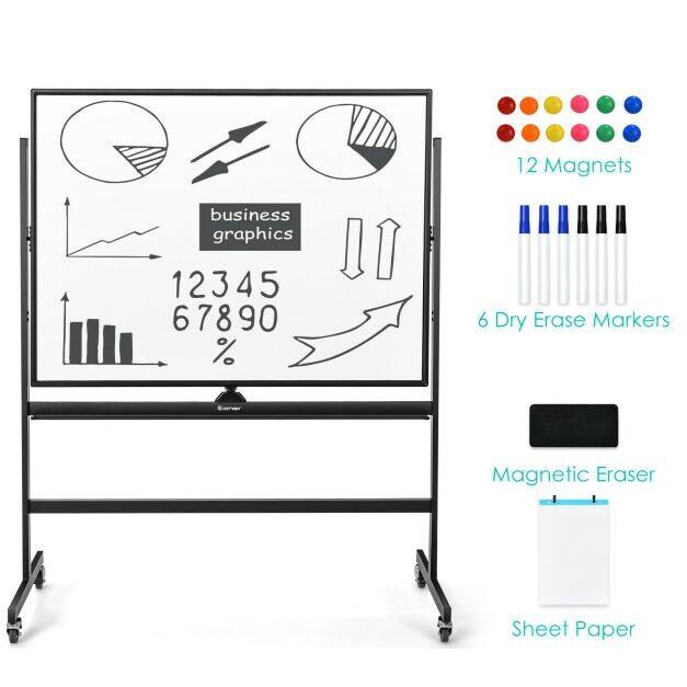 Mobiilne suur magnetiline pööratav tahvel, 360° pööratav, 90 x 120 cm, must + valge