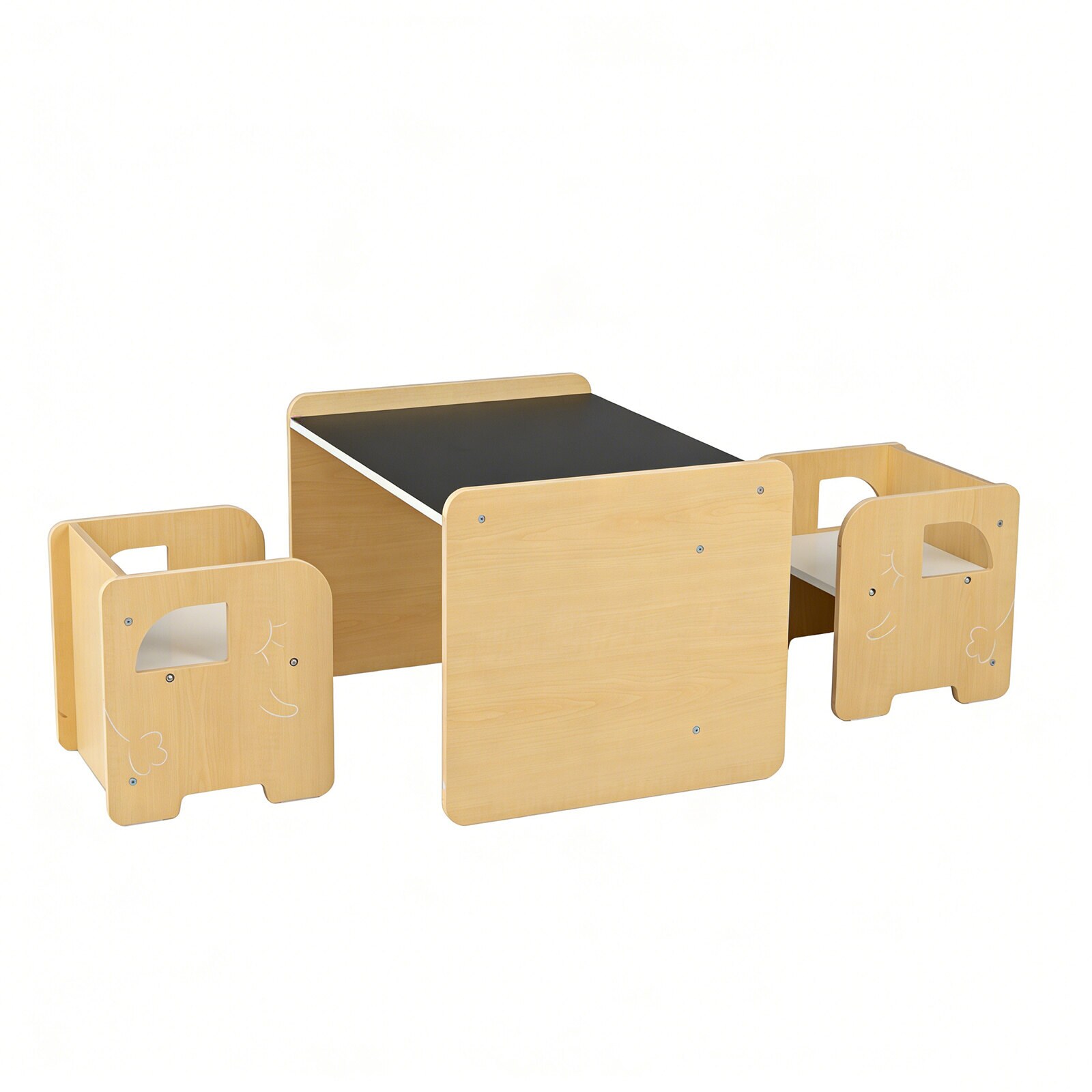 Lastelaud elevandikujuliste toolidega, 3-osaline komplekt tahvli ja 2 taburetiga, modulaarne ja Montessori disain, kandevõime 30 kg + 50 kg, naturaalne