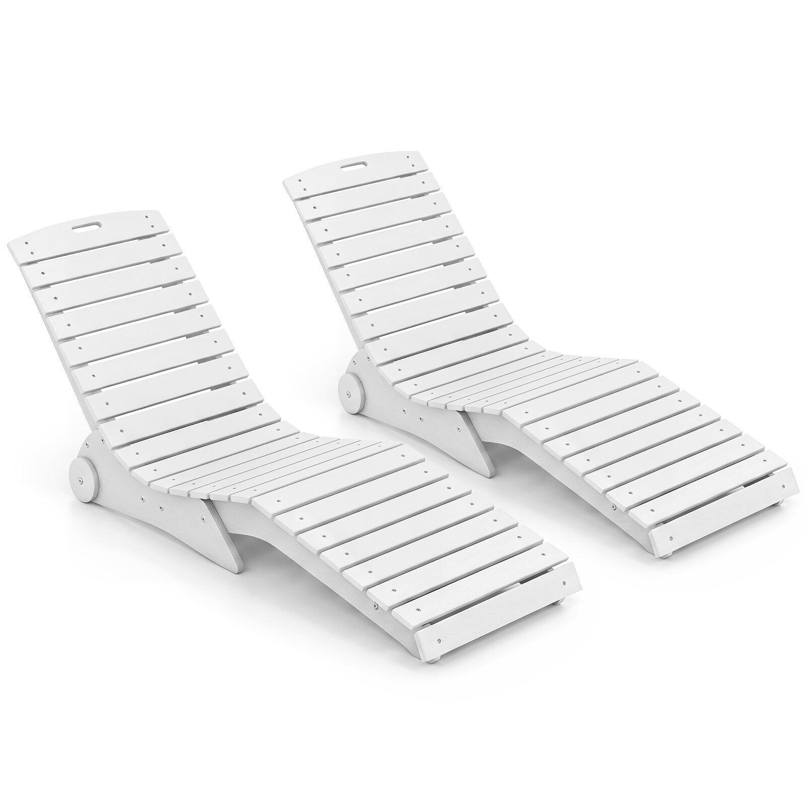 2 HDPE-st päevitustooli komplekt, ergonoomilised S-kujulised aiatoolid, ilmastikukindlad rannatoolid ratastega, valged