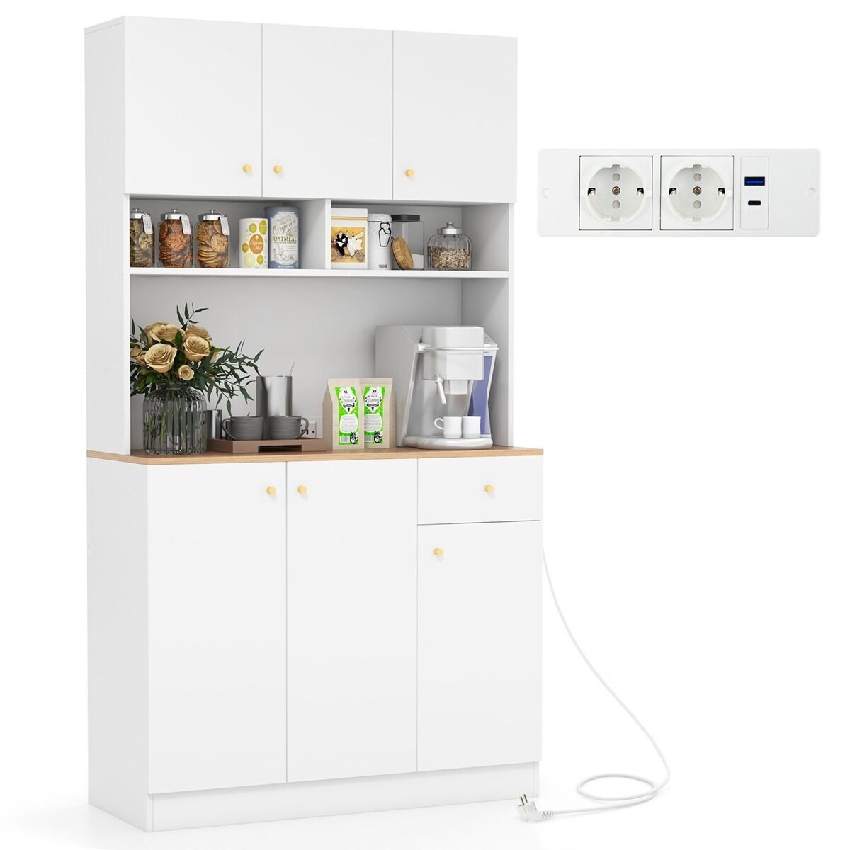 Sahvrikapp pistikupesade, USB-portide, ümberminekuvastaste komplektide ja 3-positsioonilise reguleeritava riiuliga, 100x40x181 cm, valge