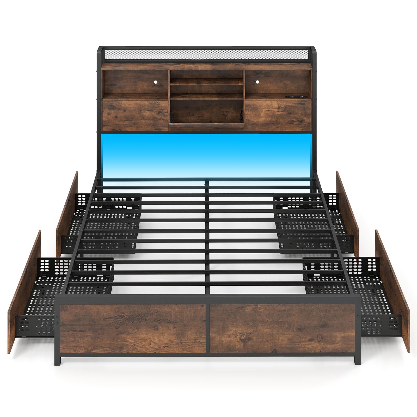 Voodiraam LED-valgusti ja laadimisjaamaga, peatsiga, panipaigaga ja 4 sahtliga, metallplatvorm ilma vedrualuseta 220 x 163,5 x 113 cm
