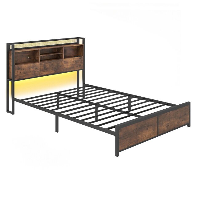 Kaheinimesevoodi raam LED-tulede ja laadimisjaamaga, metallist platvormvoodi panipaigaga peatsiga, maalähedane pruun 220 x 163,5 x 113 cm