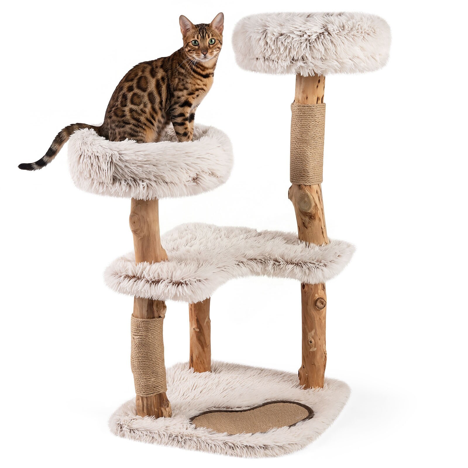 Moodne kassipuu torn 112 cm luksusliku ehtsast puidust naturaalse oksaga - valge