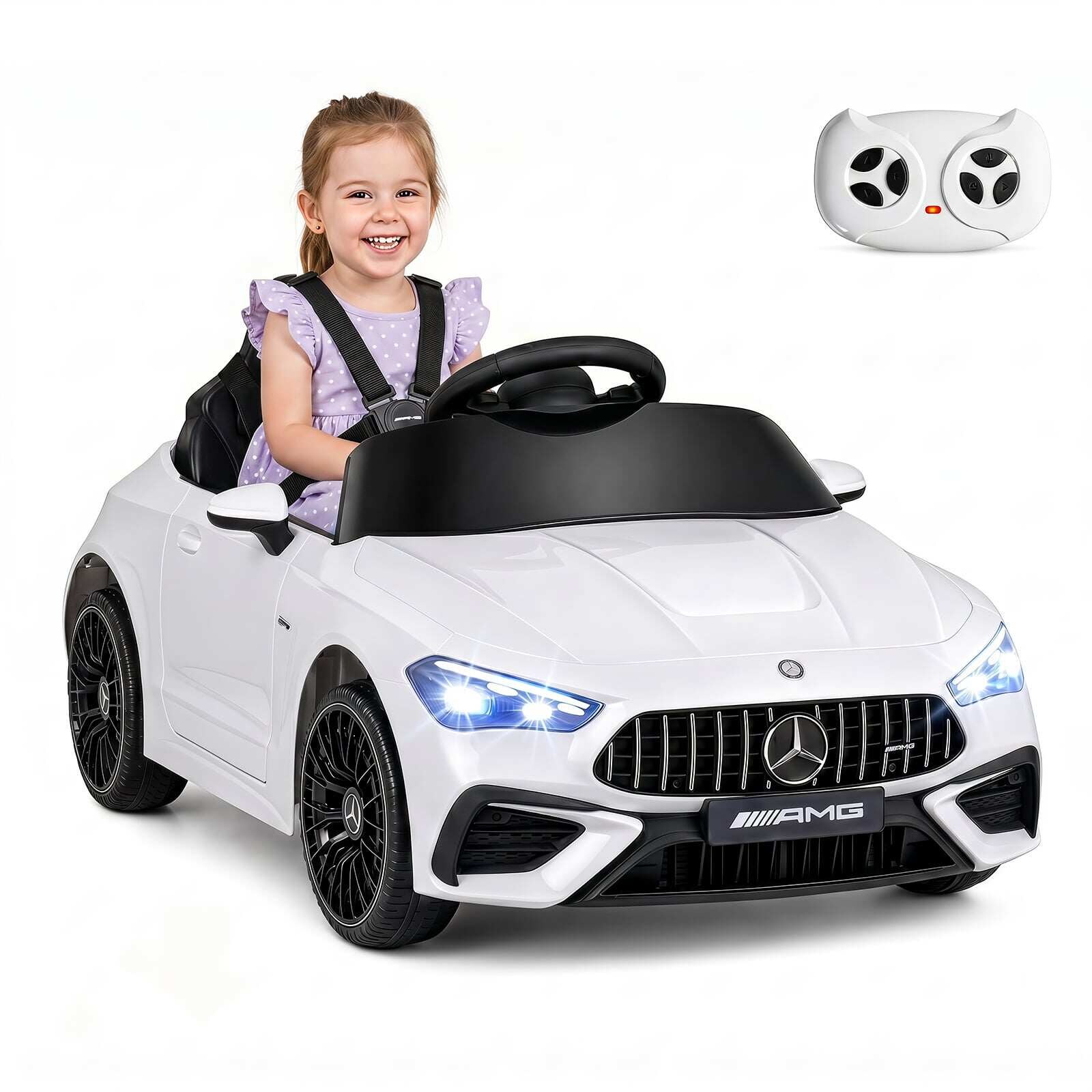 Laste elektriauto 12V Mercedes-AMG lasteauto LED-tulede ja 2.4G puldiga valge