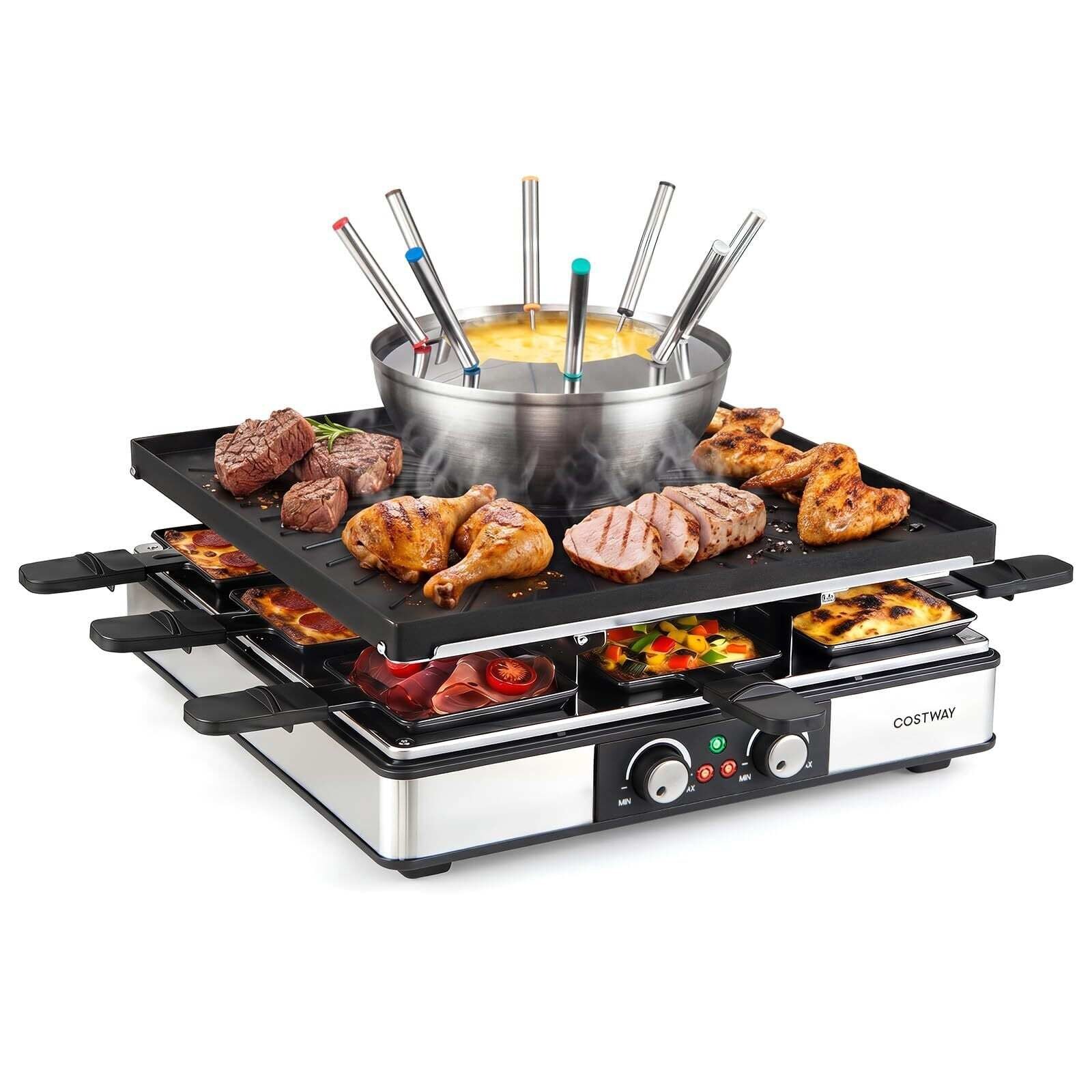 Raclette-grill fondüüfunktsiooniga, 2200 W elektrigrill 8 inimesele mittenakkuva grillplaadi ja 8 panniga