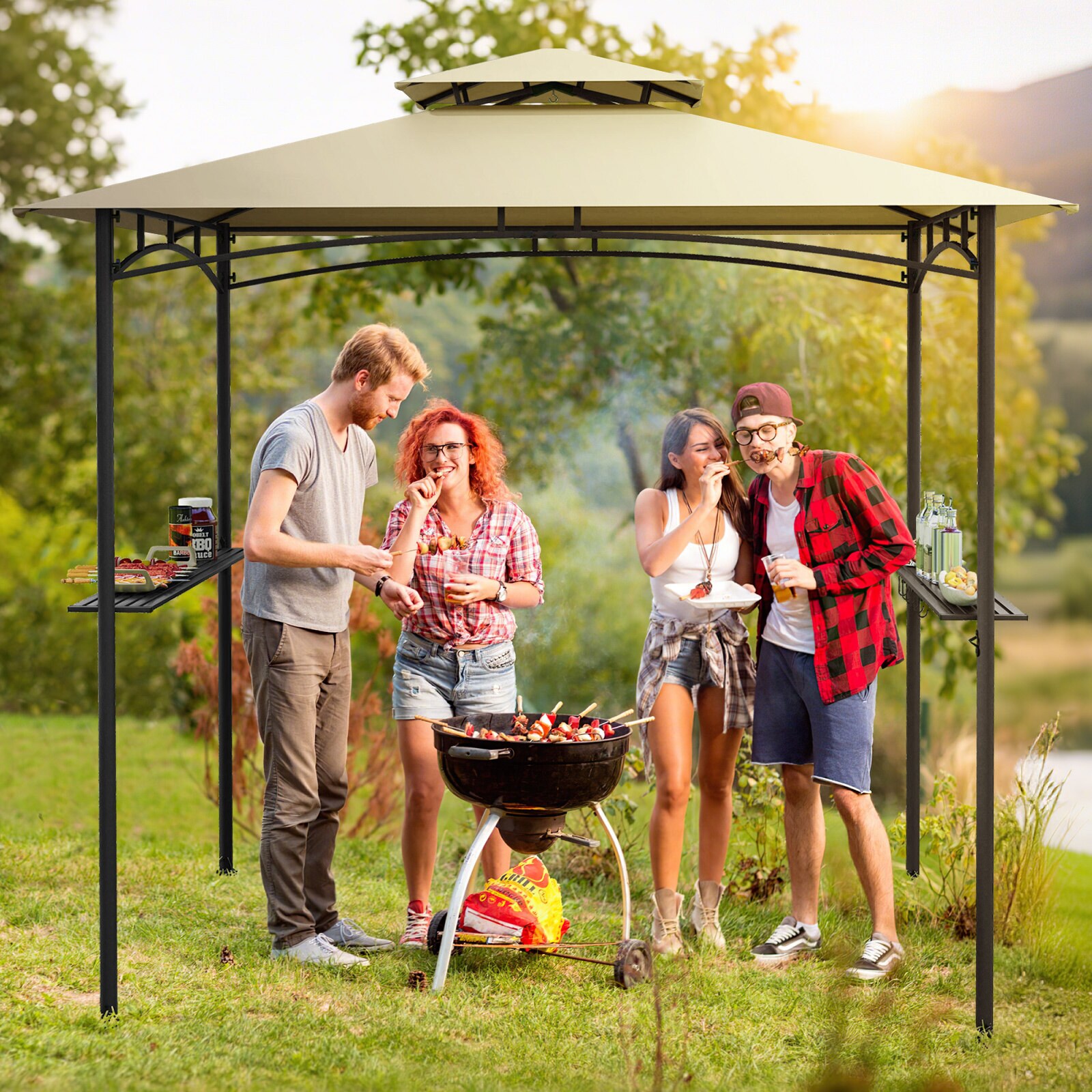 Grillvarikatus 242 x 150 cm kahetasandiline õuevarikatus 2 riiuli, 6 konksu, metallraami, pehme katusega, beež terrassivarjualune