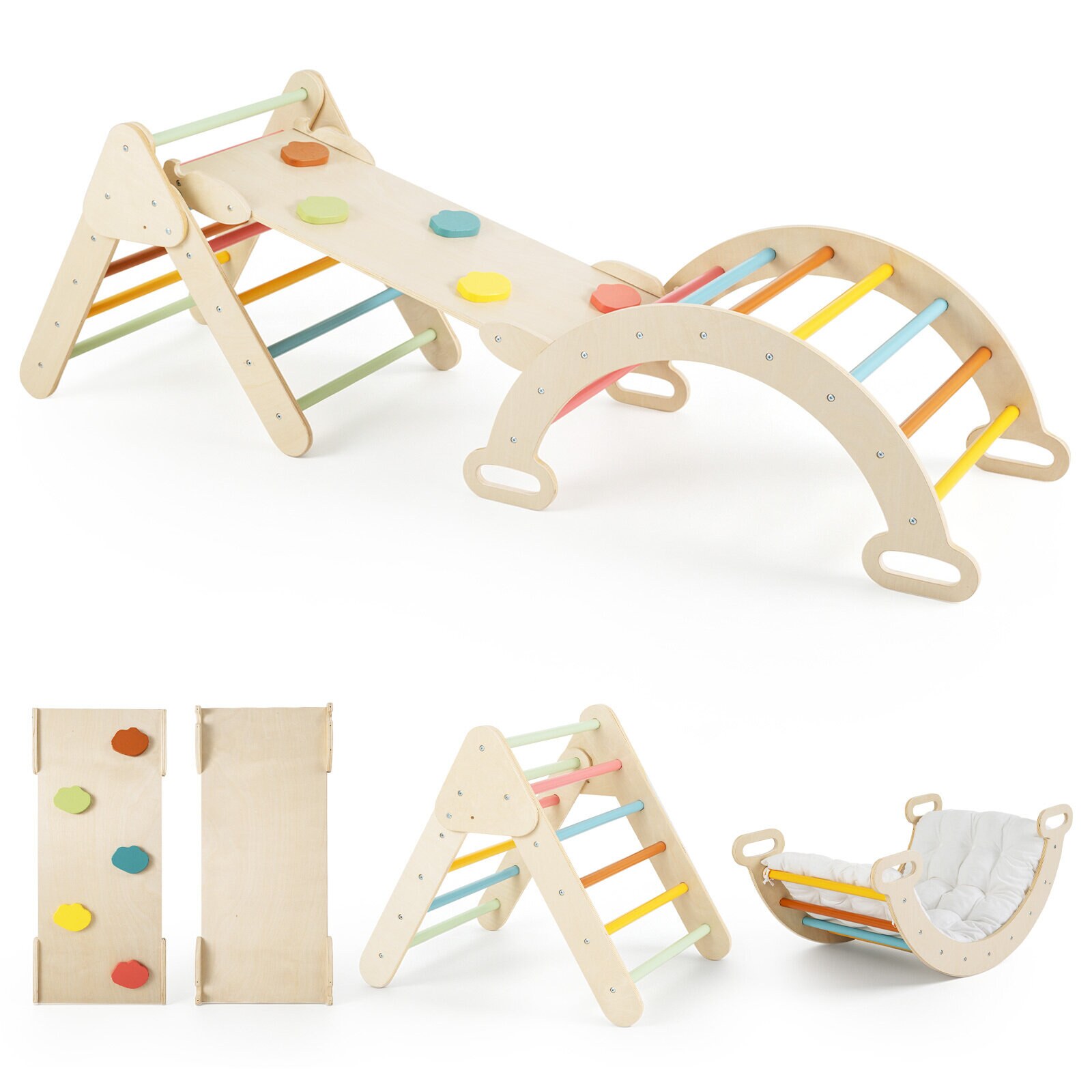 3-ühes Montessori puidust ronimiskomplekt, mängukomplekt lastele alates 1. eluaastast, ronimisraamide komplekt, värviline