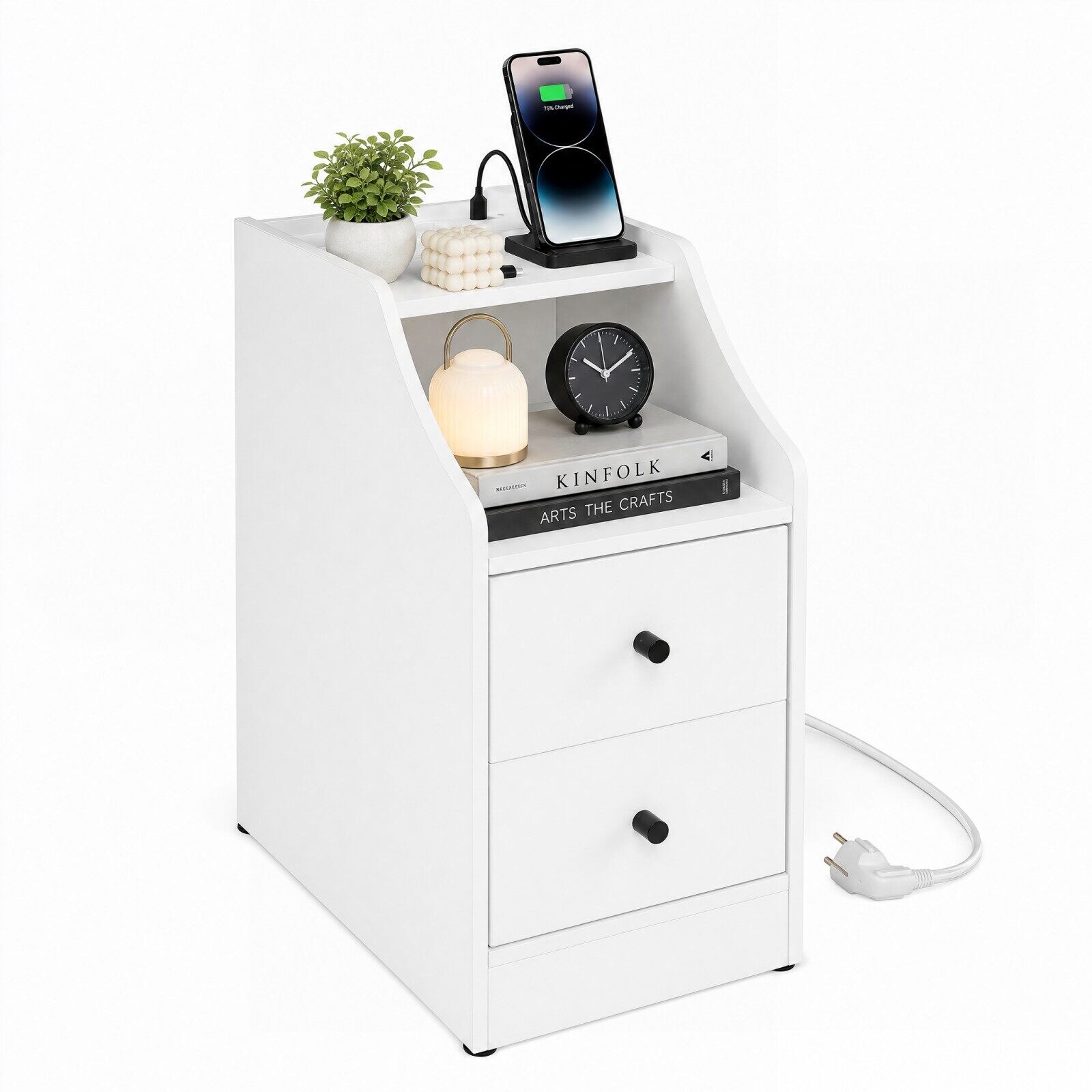 Öökapp/külglaud pistikupesade, USB ja C-tüüpi portidega, öökapp avatud sahtli ja 2 sahtliga, valge
