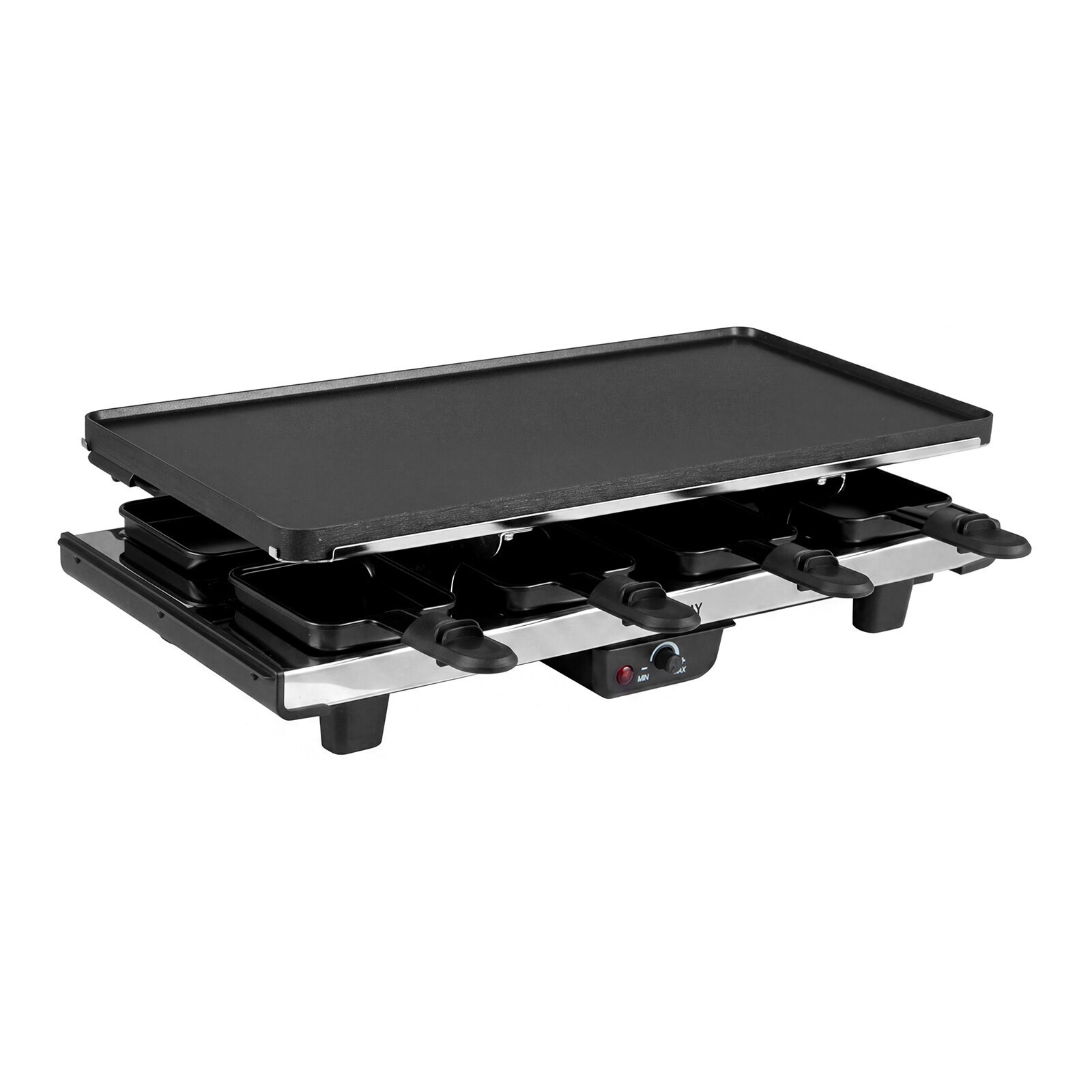 1400W 2-ühes raclette-grill pööratava mittenakkuva plaadiga, 8 panni, 8 puidust spaatli ja tangidega, reguleeritav temperatuur, 48x24x12cm, must