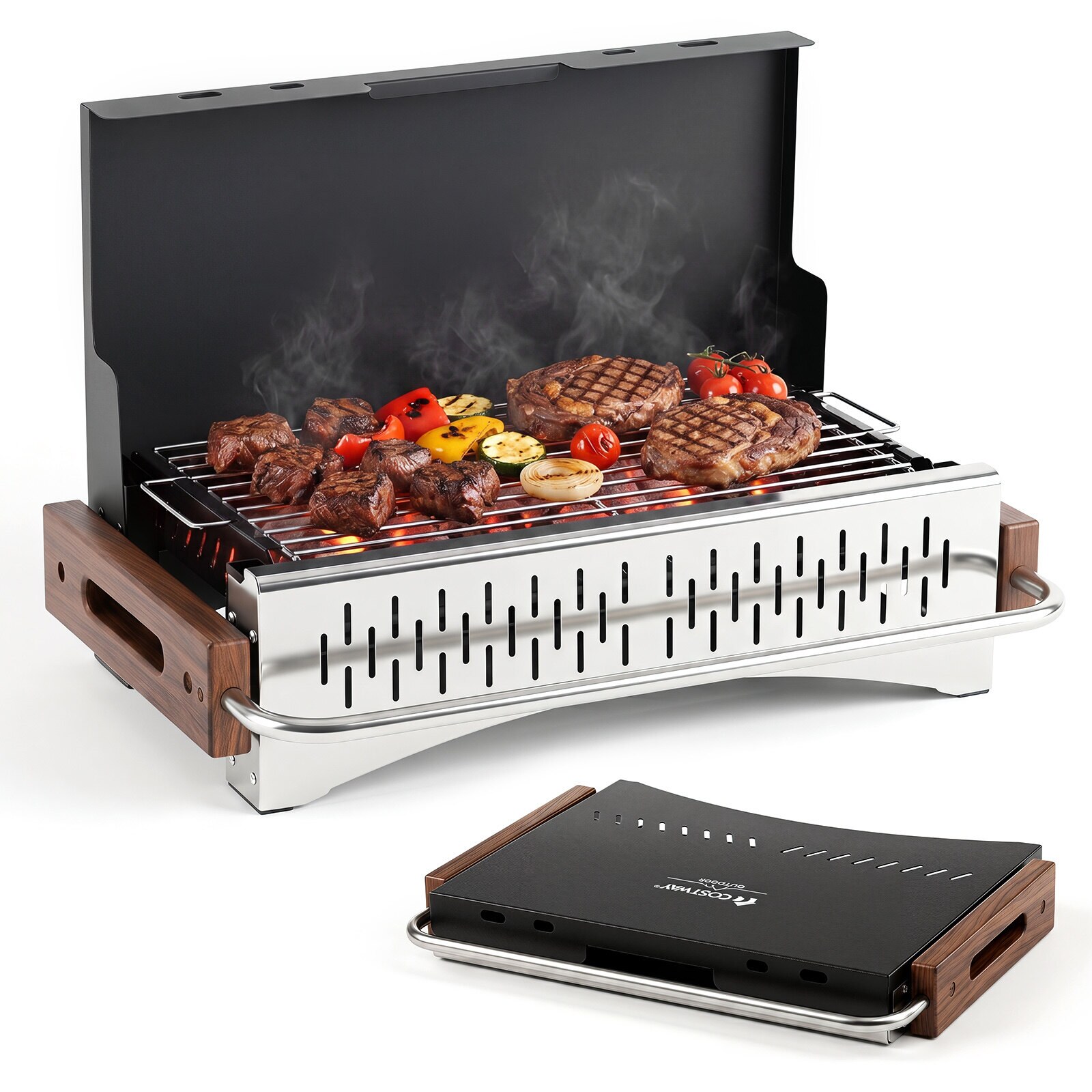 Kokkupandav söegrill kahe reguleeritava grillikõrgusega, eemaldatav söealus, 4-küljeline ventilatsioon, 50,5 x 33,5 x 33,5 cm, must