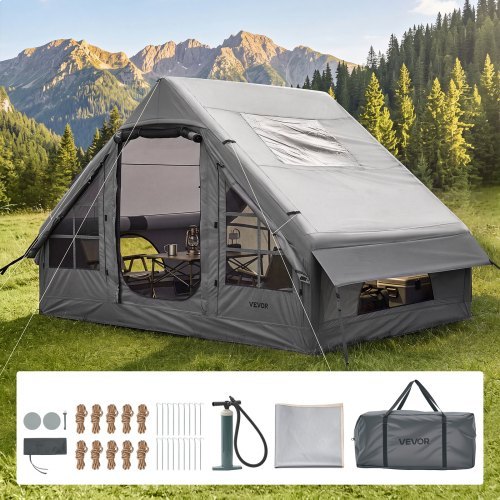 Inflatable Tent for Camping 2-4 Person Blow Up Tent with Pump Gray, for Family Outdoor Glamping, Waterproof 420D Oxford, Easy Setup Air House with Skylight, Stove Jack, Mesh Windows & Carry Bag