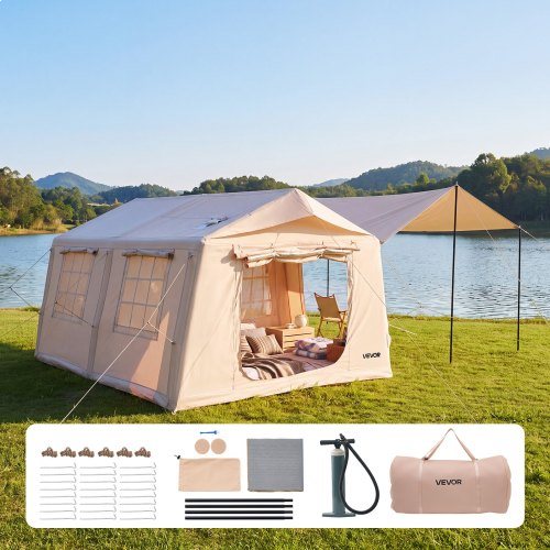 Täispuhutav telk 5-8 inimesele, pumbaga, beež, perele mõeldud glamping-telk