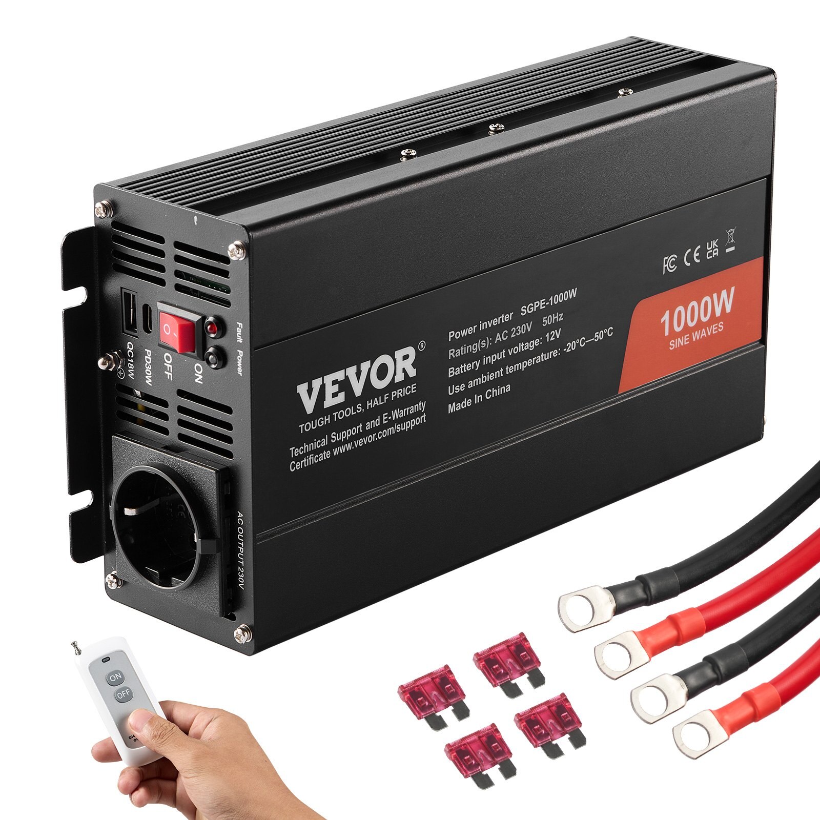 Puhta siinuslaine inverter, 1000 W, 2 USB-porti, 1 Type-C-port