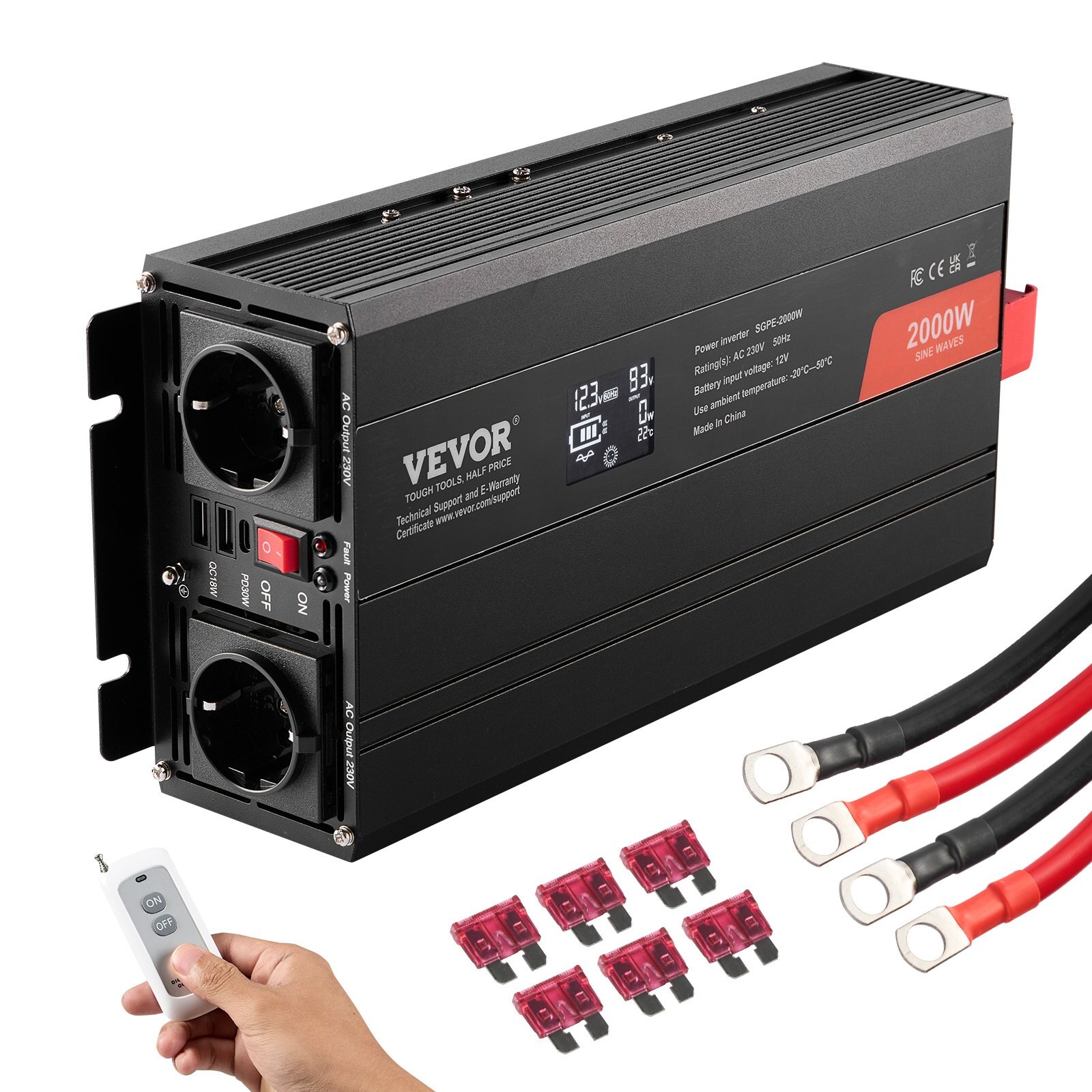 Puhta siinuslaine inverter, 2000 W, 2 USB-porti, 1 Type-C-port