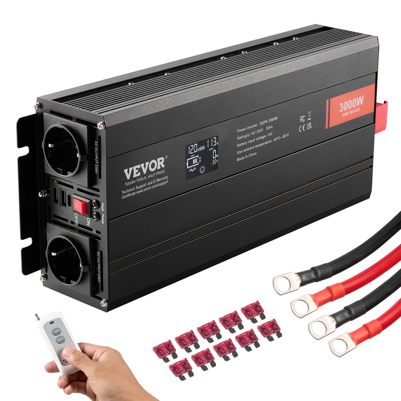 Puhta siinuslaine inverter, 3000 W, 2 USB-porti, 1 Type-C-port