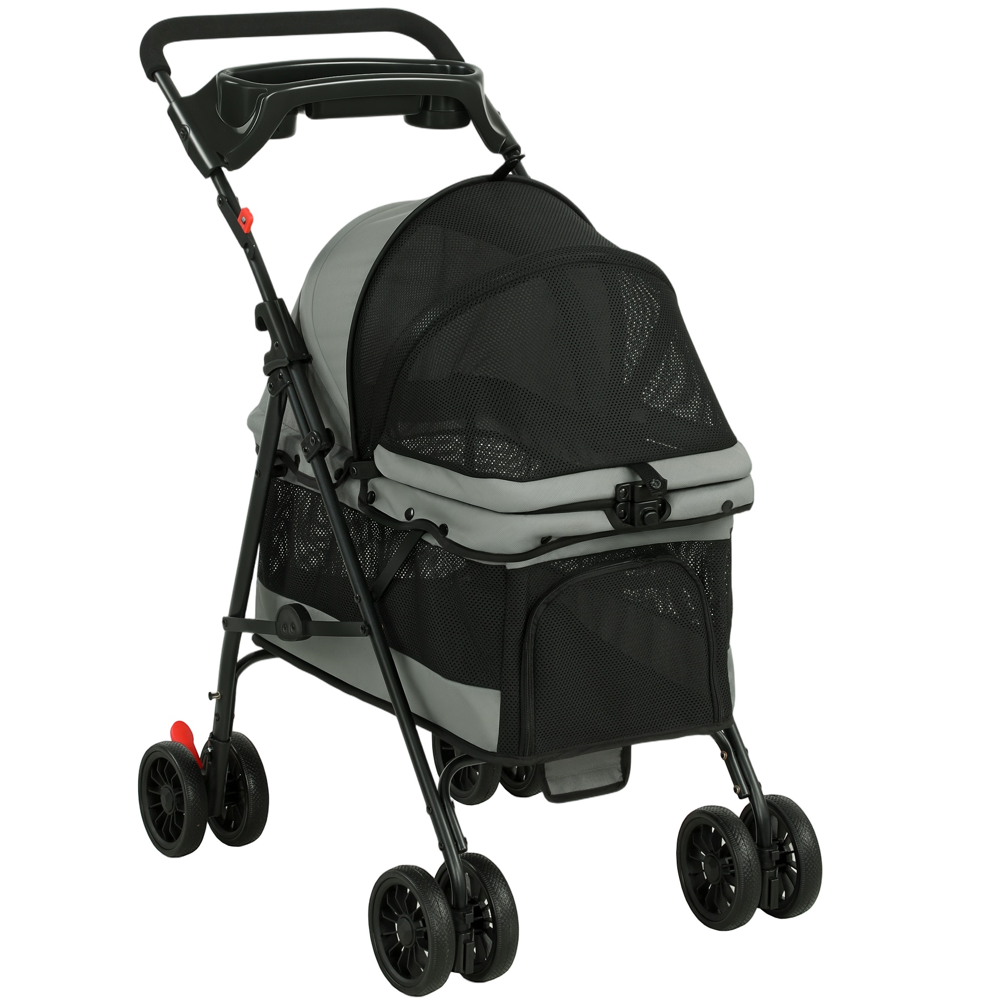 Kokkupandav koerakäru/koerakäru padja, võrgust akende, topsihoidja ja 360° pöörlevate ratastega väikestele koertele kuni 10 kg, hall