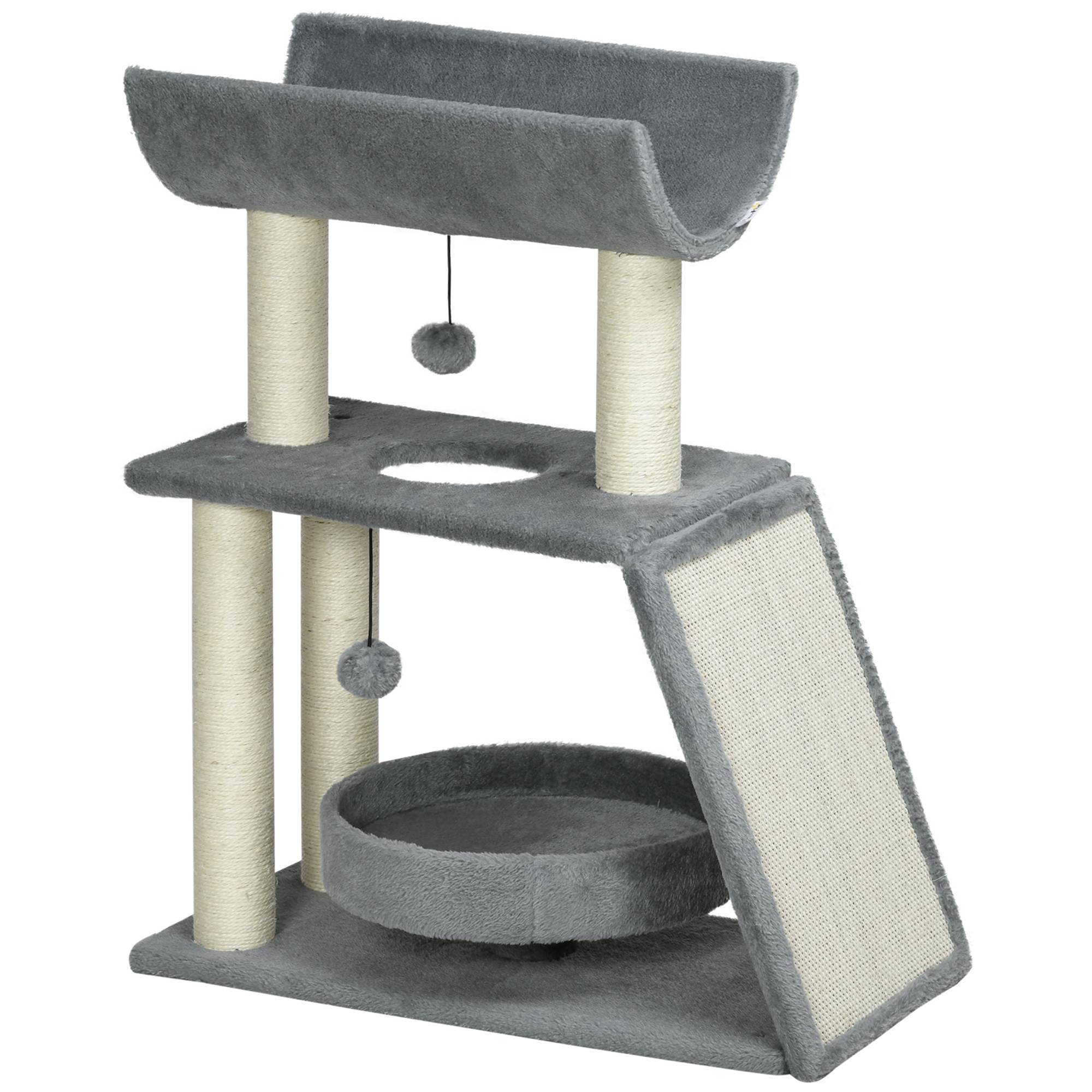 Kassipuu, mänguasjade ja kassivoodiga, 60 cm x 30 cm x 76 cm, helehall