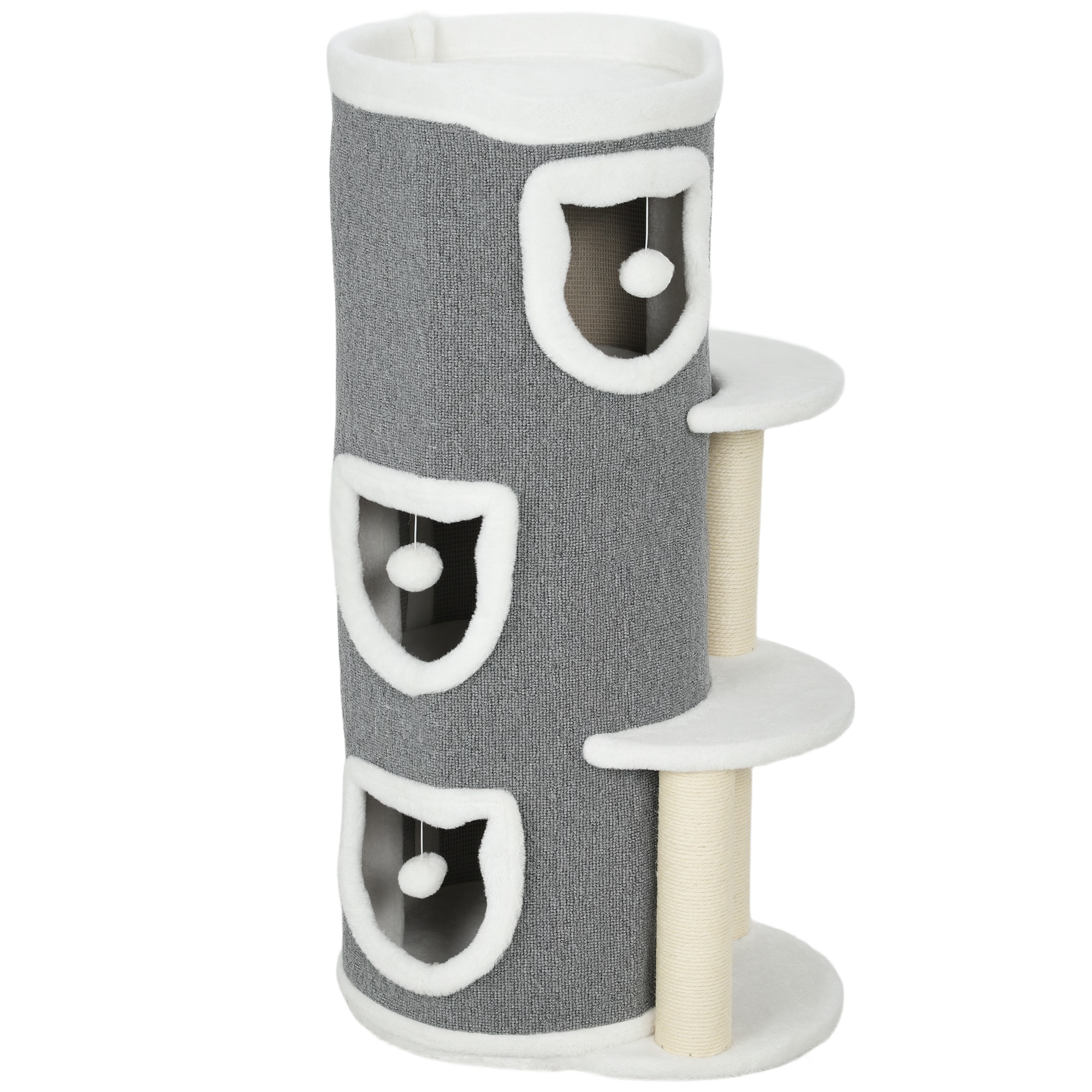 101 cm kassitorn, 3 taset, 3 magamiskohta, mängupallid, kraapimispost, sisal, puitlaastplaat, hall