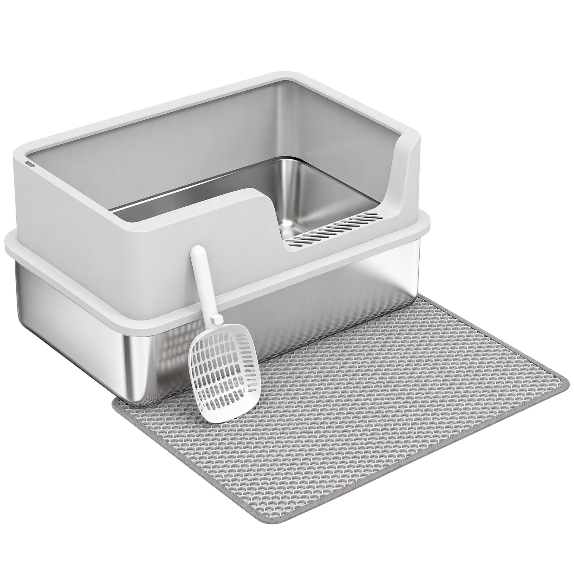 XL roostevabast terasest kassiliivkast kaane, kõrgete külgede, kühvli, harja ja matiga kassidele kuni 8 kg, helehall