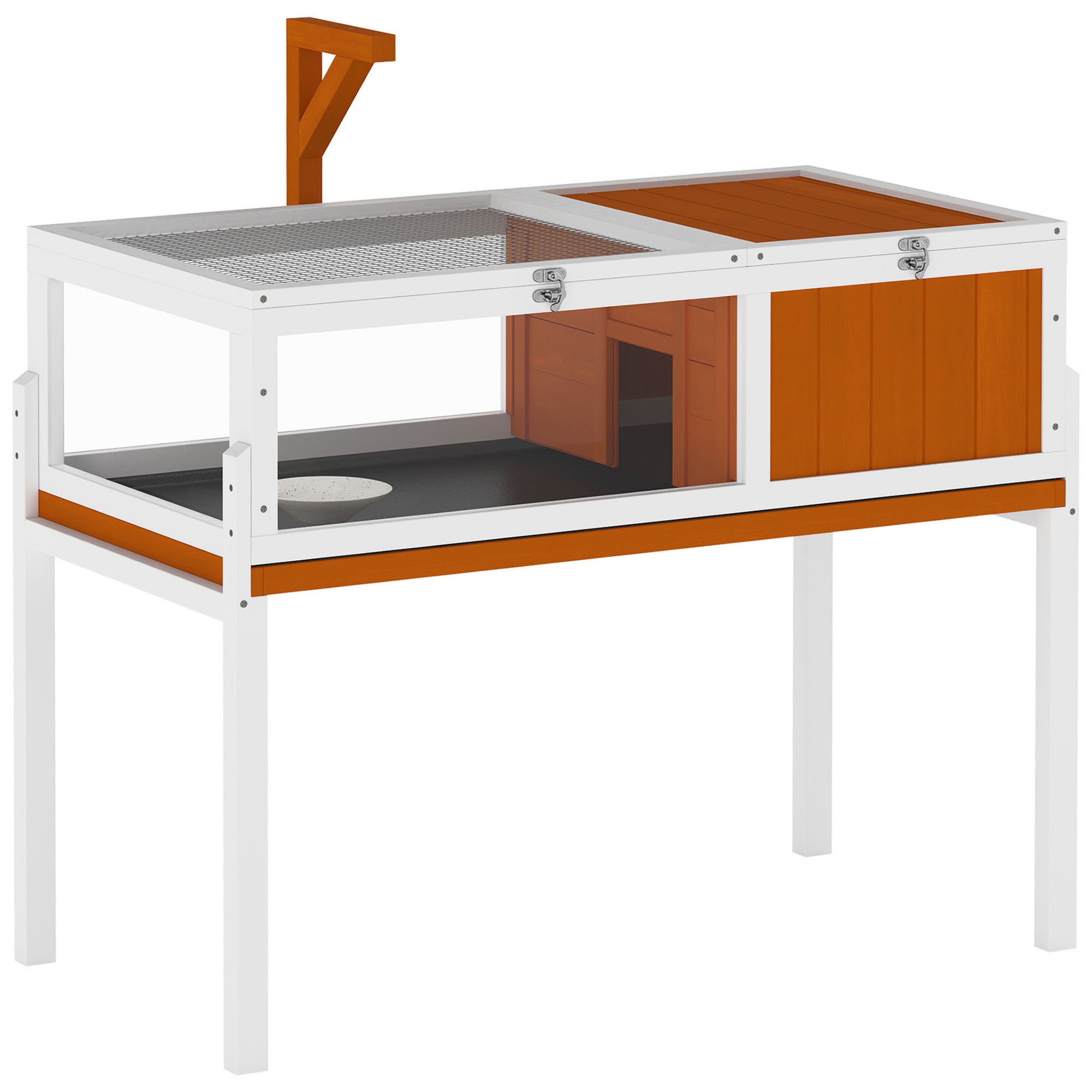 Puidust kilpkonnamaja/aedik peamaja, vaateakna ja kaanega, 104 cm x 53 cm x 82 cm, valge ja oranž