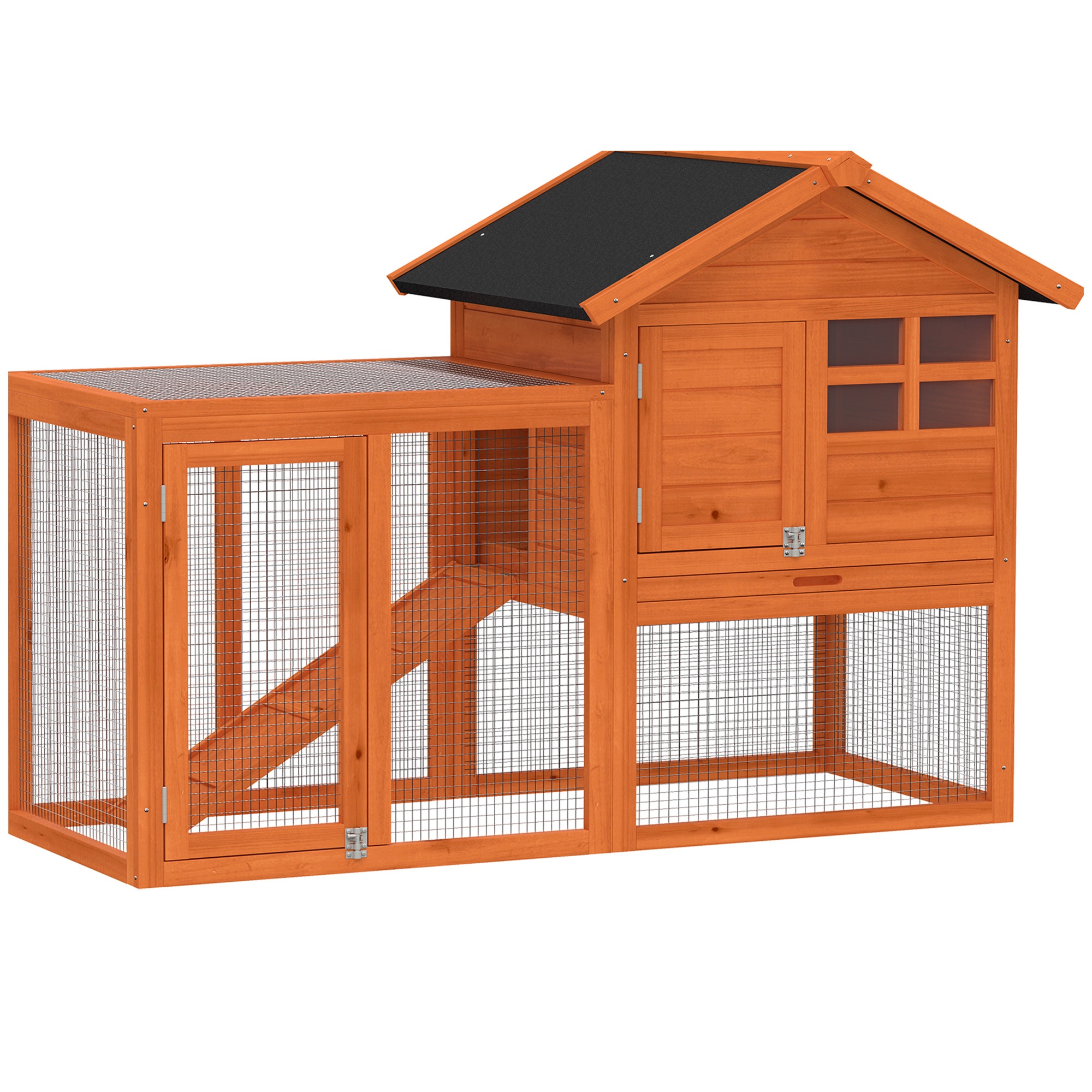 Kahekorruseline küülikupuur veekindla bituumenkatuse, jooksuala, kaldtee ja ustega, valmistatud puidust, 123,5 x 62,6 x 92,5 cm, oranž
