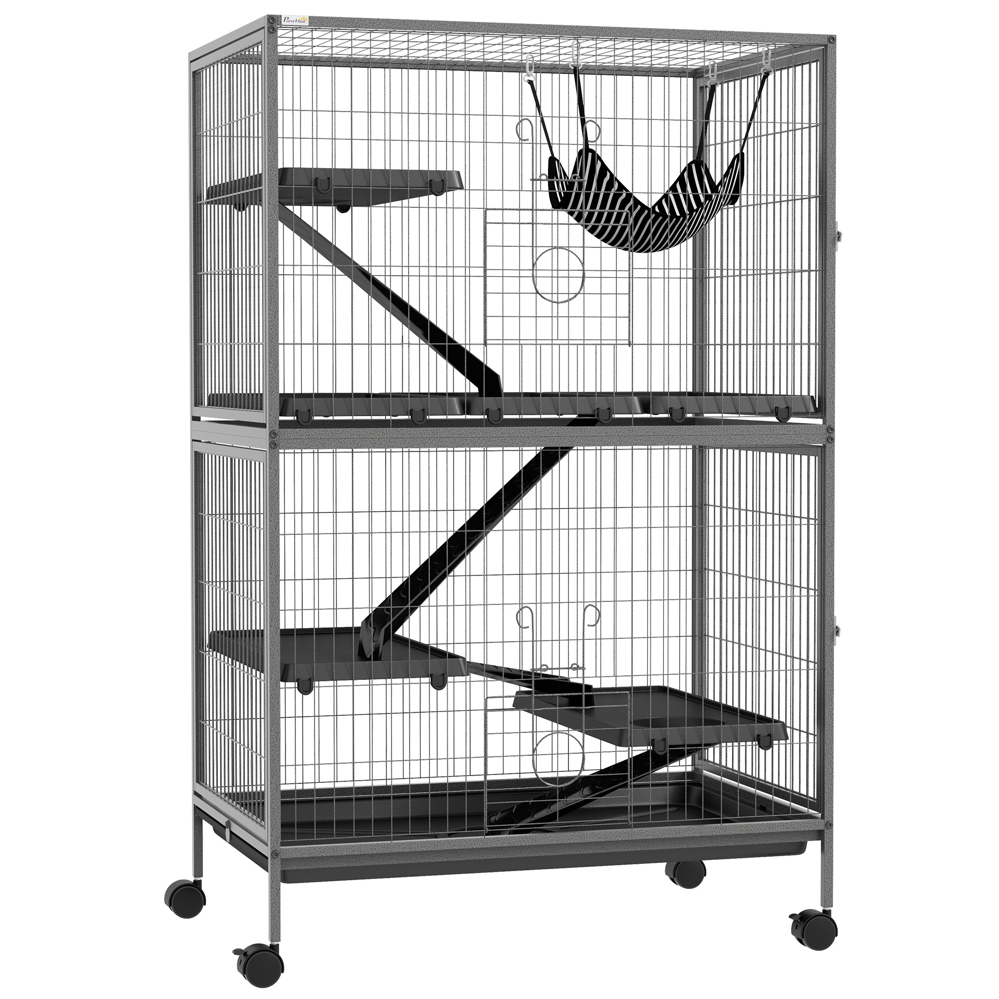 Väikeloomade puur võrkkiigega, näriliste puur ratastega, 4-korruseline puur, metall, plastik, 80 x 52 x 128 cm, hall