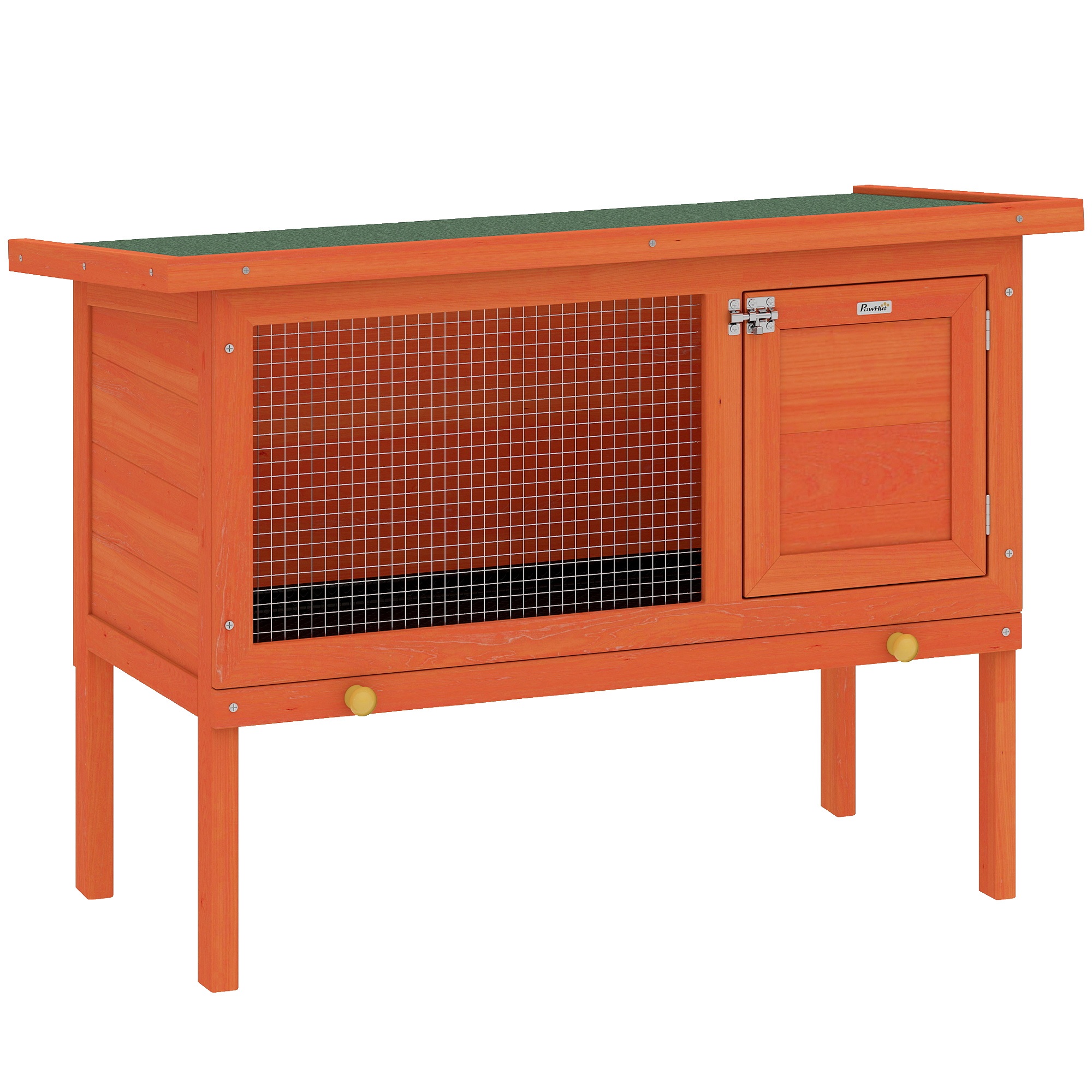 Küülikupuur, kõrgendatud puidust küülikupuur hingedega bituumenkatuse ja väljatõmmatava sahtliga, 90x45x65 cm, oranž