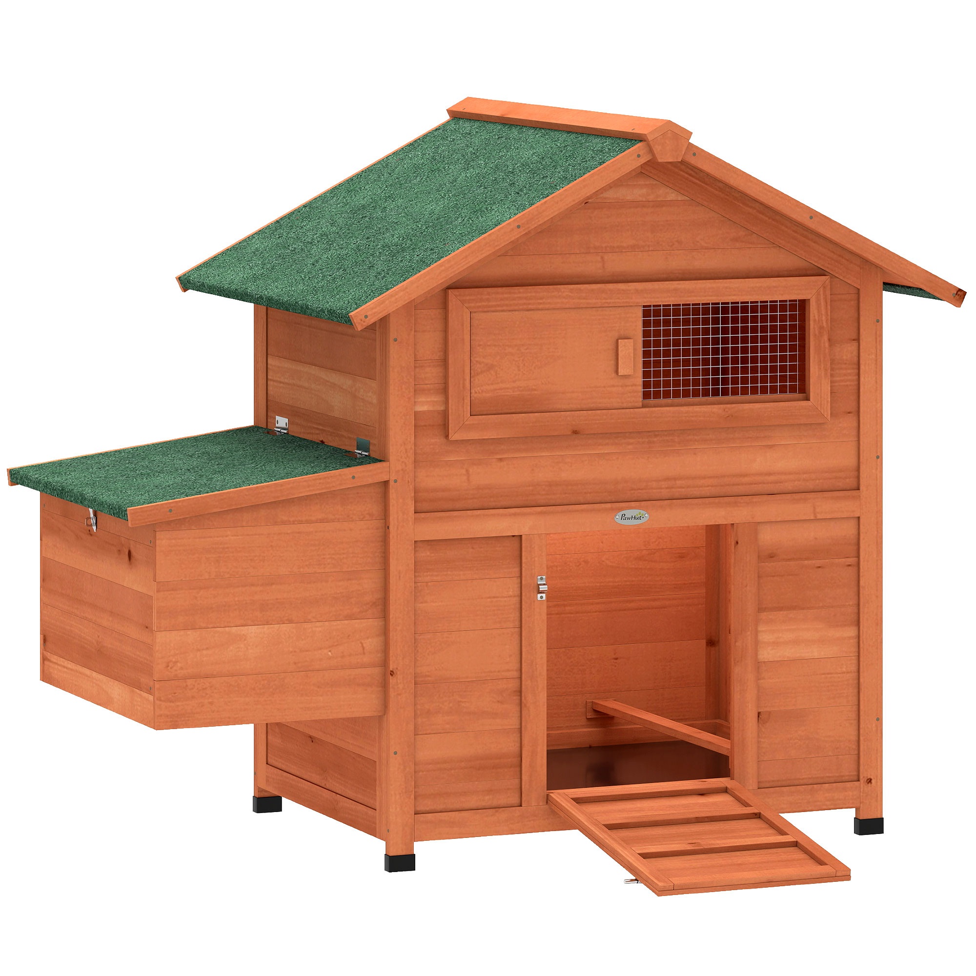 Puidust kanakuudi pesakastiga, 2 õrre, kaldtee, aken, veekindel katus, 113,5x67,5x95,5 cm, oranž