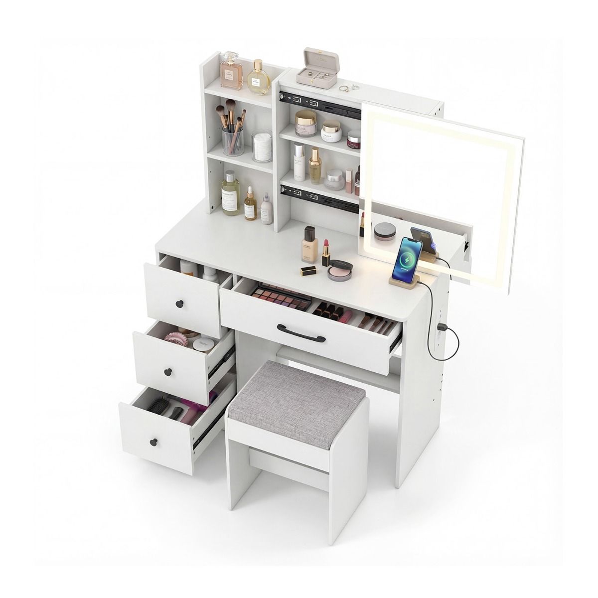 Tualettlaud LED-liugpeegliga, taburetiga, sahtlitega ja pistikupesadega, valge