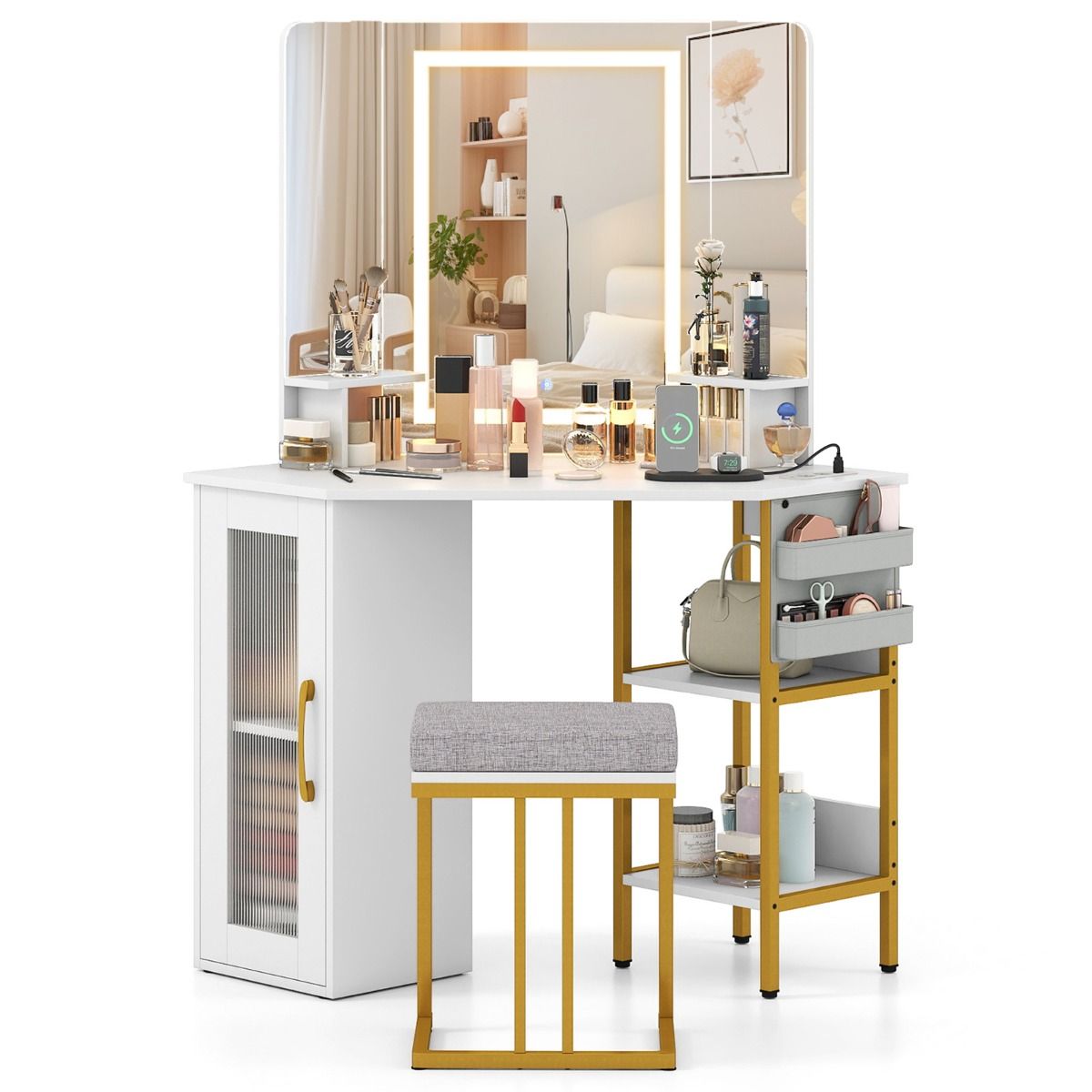 Nurga tualettlaud tabureti, LED-valgustuse ja laadimisjaamaga, valge