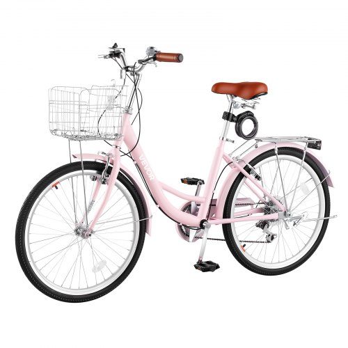 Women Bike, 61cm Beach Cruiser Bike, 7-Speed Adult City Bicycle with Carbon Steel Frame, 150kg Capacity, Basket, Rear Rack & Dual V-Brakes, Pink